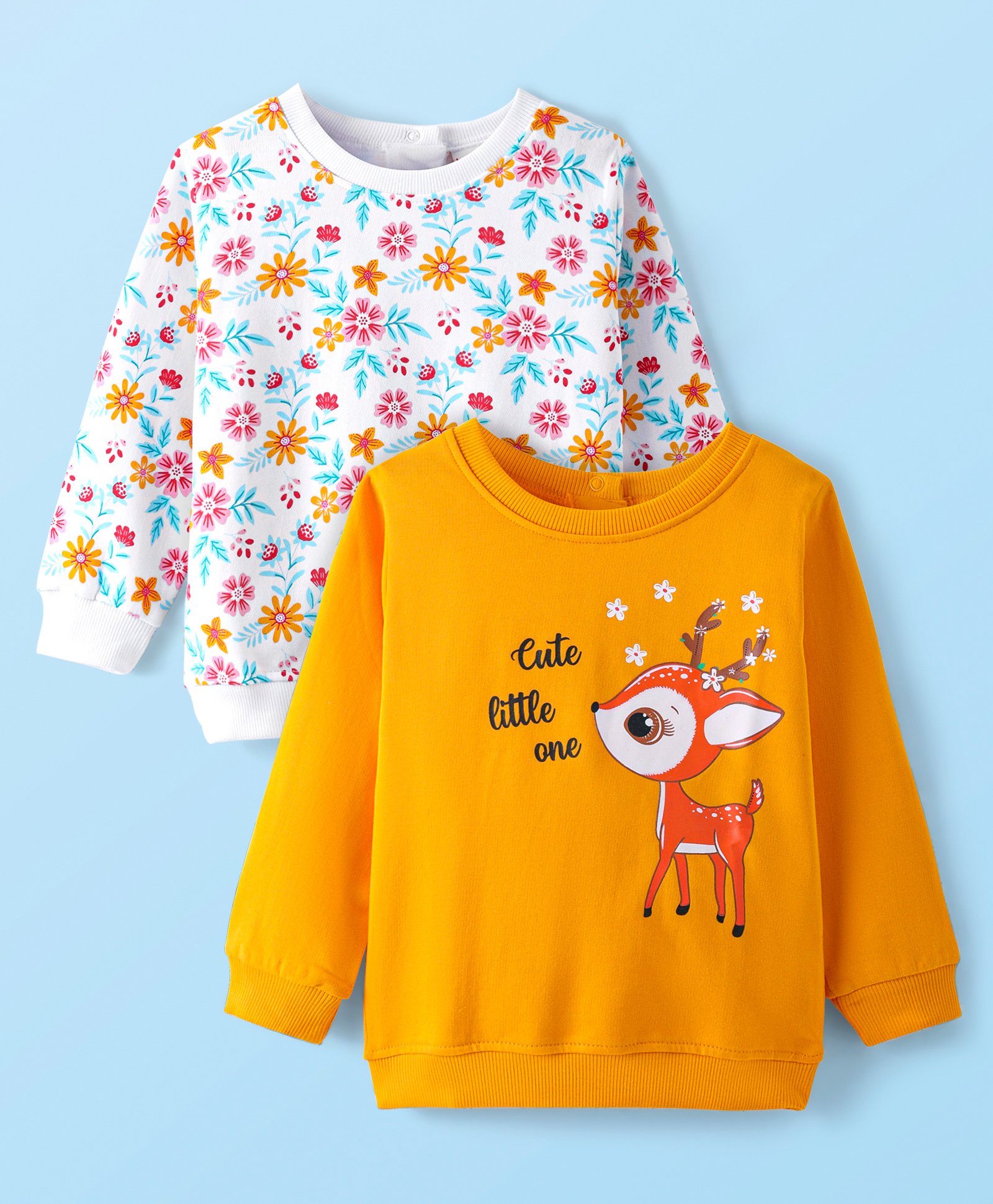 Babyhug Cotton Knit Full Sleeves Sweat Shirts with Floral & Deer Graphics Pack of 2 - White & Orange-image-16