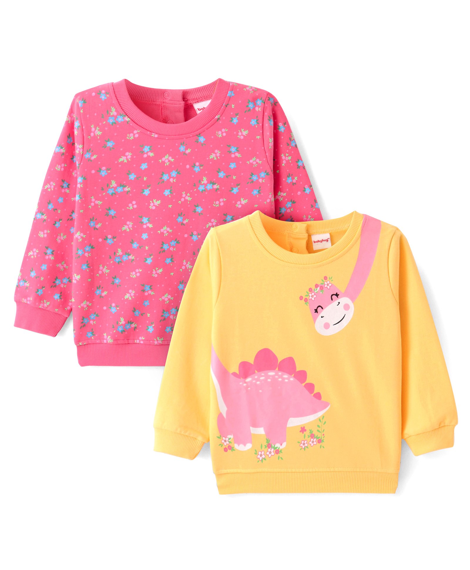 Babyhug Knit Full Sleeves Sweatshirt With Dino & Floral Graphics Pack of 2 - Pink & Yellow-image-43