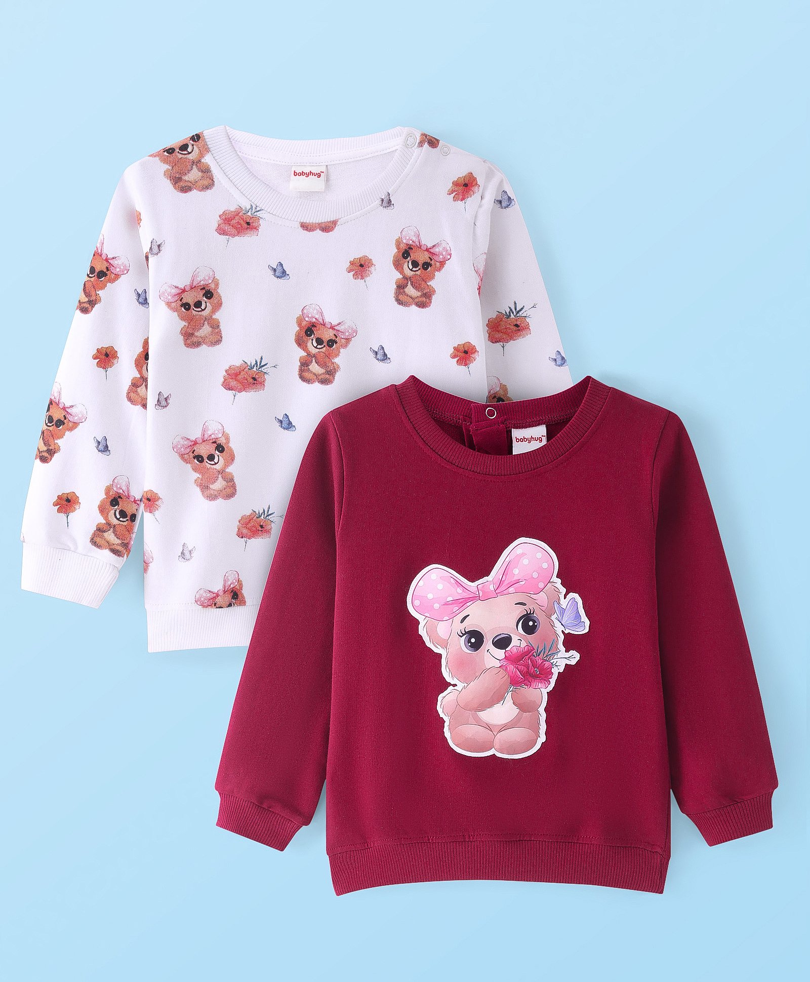 Babyhug Cotton Knit Full Sleeves Sweatshirts with Bear & Floral Print Pack of 2 - Maroon & White-image-40