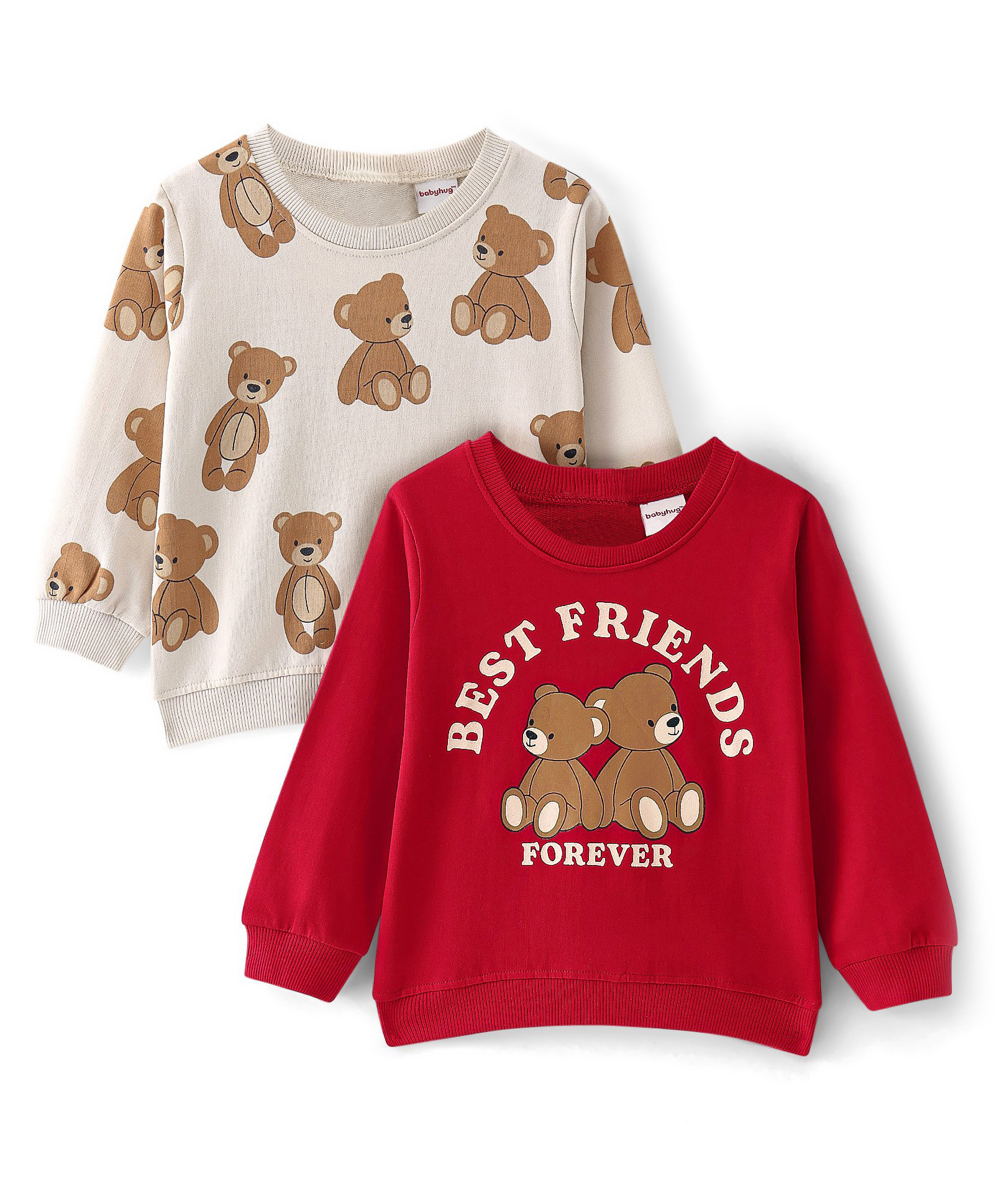 Babyhug Cotton Knit Full Sleeves Sweatshirts with Text & Bear Graphics Pack of 2 - Red & White-image-33