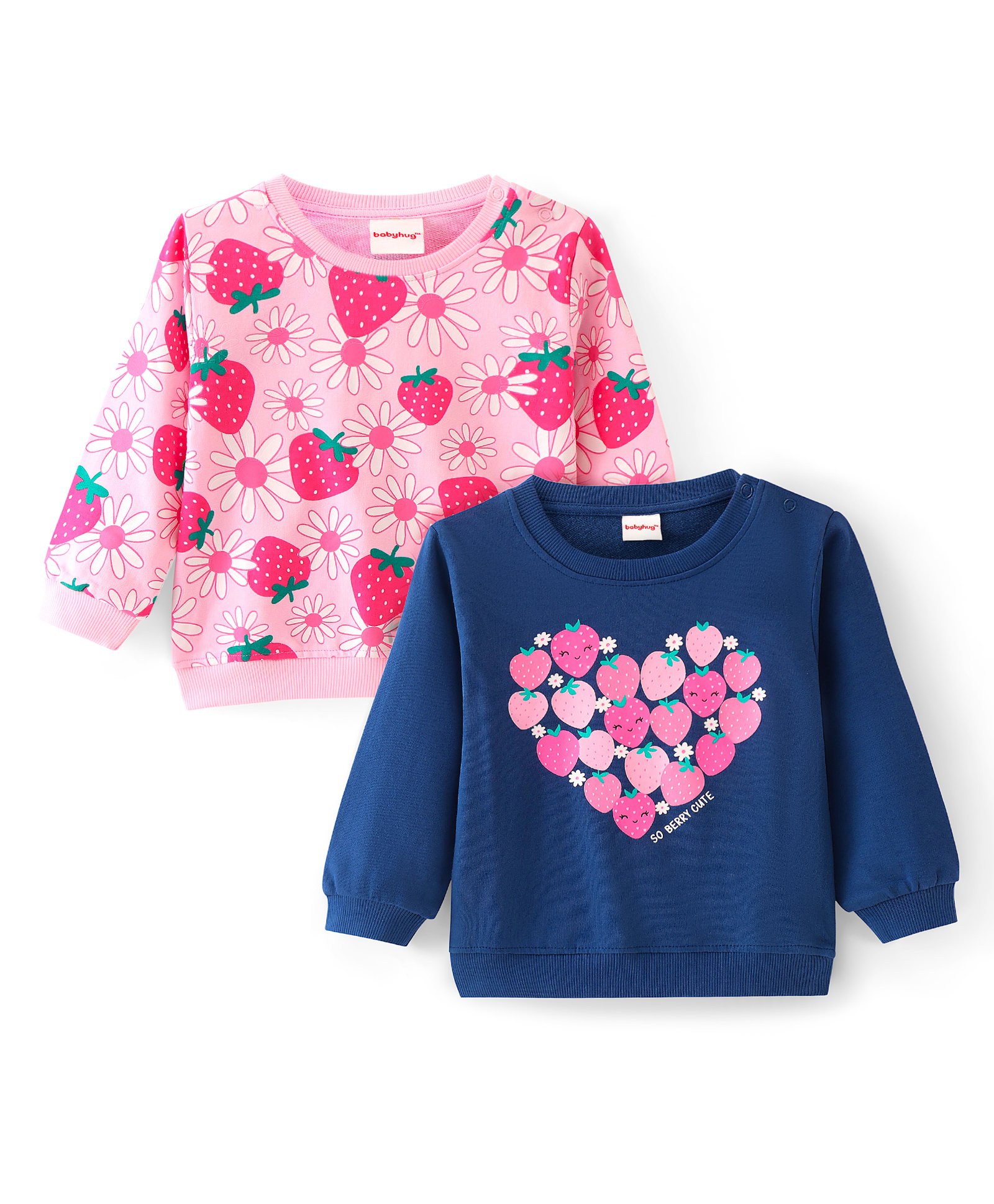 Babyhug Cotton Knit Full Sleeves Sweatshirts With Strawberry Print Pack of 2 - Pink & Navy Blue-image-23