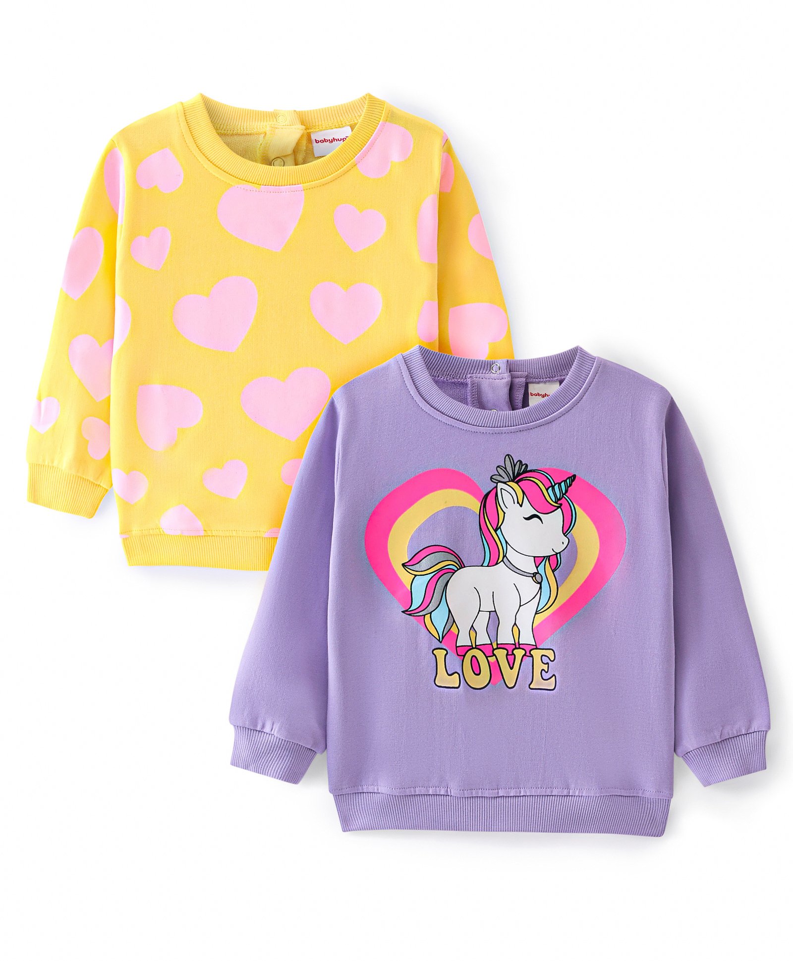 Babyhug Cotton Knit Full Sleeves Sweatshirts With Unicorn & Hearts Print Pack of 2 - Purple & Yellow-picture-19