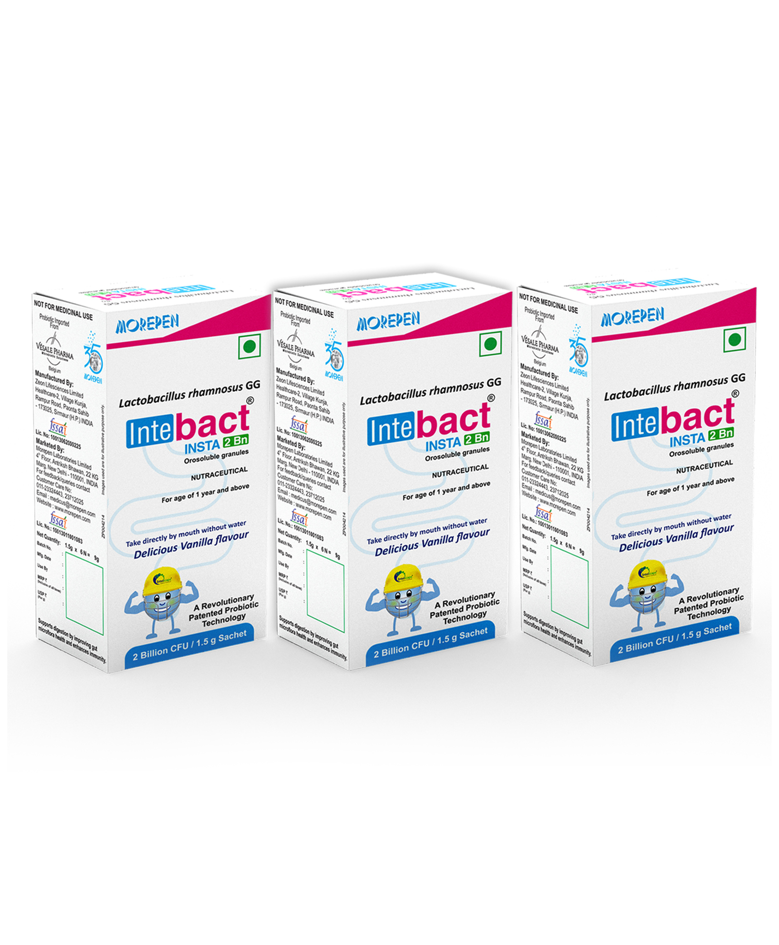 Morepen INTEBACT INSTA 2BN|Probiotics Supplement for Gut Health, Vanilla flavour - 6 Sachets - Pack of 3-image-35