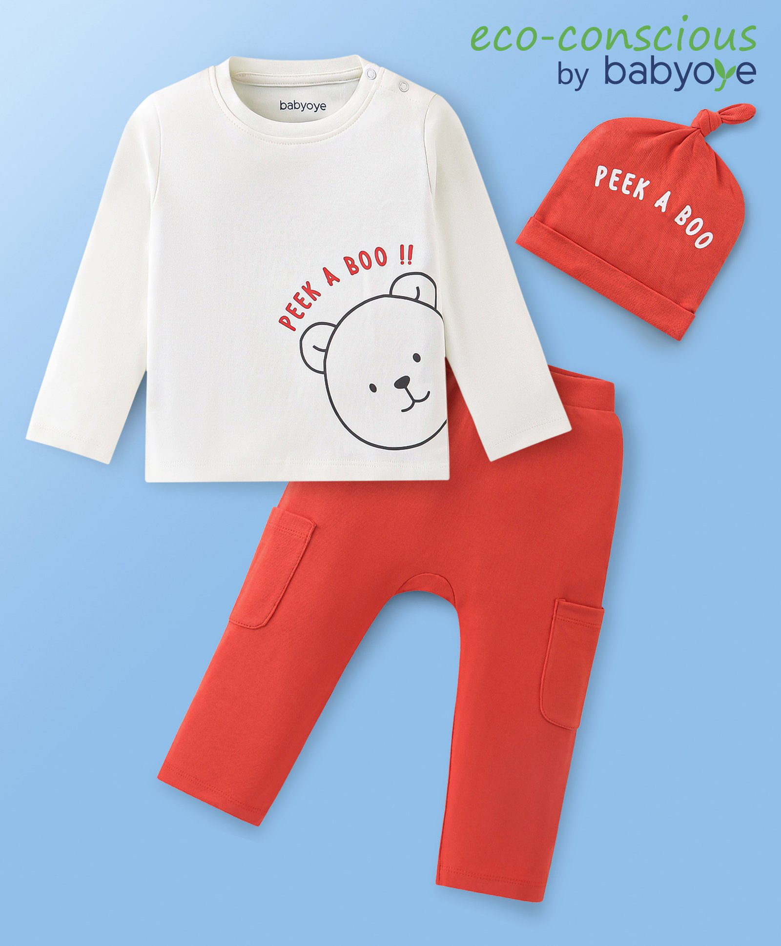 Babyoye 100% Cotton With Eco-Jiva Finish Full Sleeves T-Shirt With Cap & Lounge Pants Set Teddy Print - White & Red-image-25