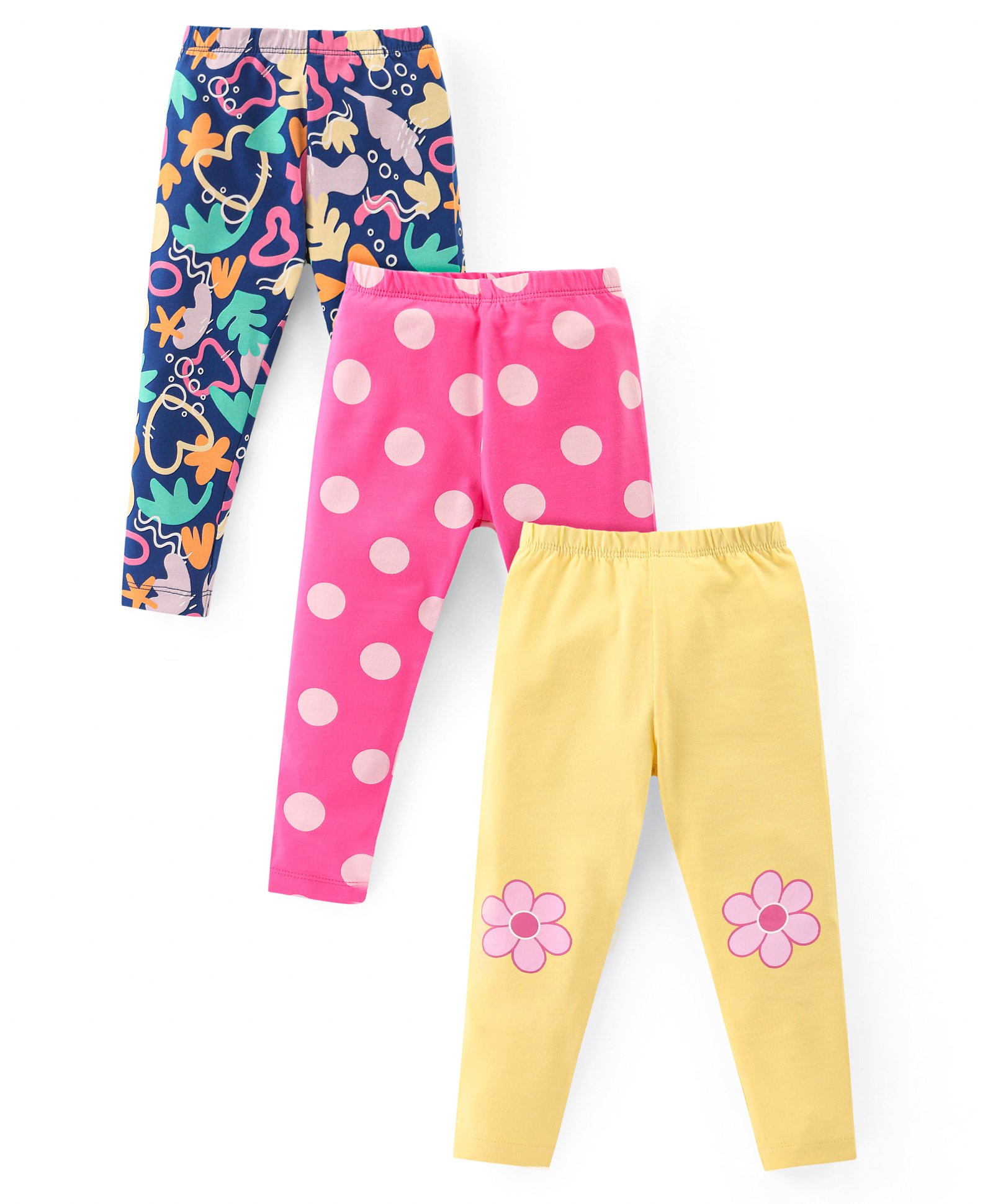 Babyhug Cotton Lycra Knit Full Length Stretchable  Leggings with Polka Dots & Floral Print Pack of 3 - Multicolour-picture-38