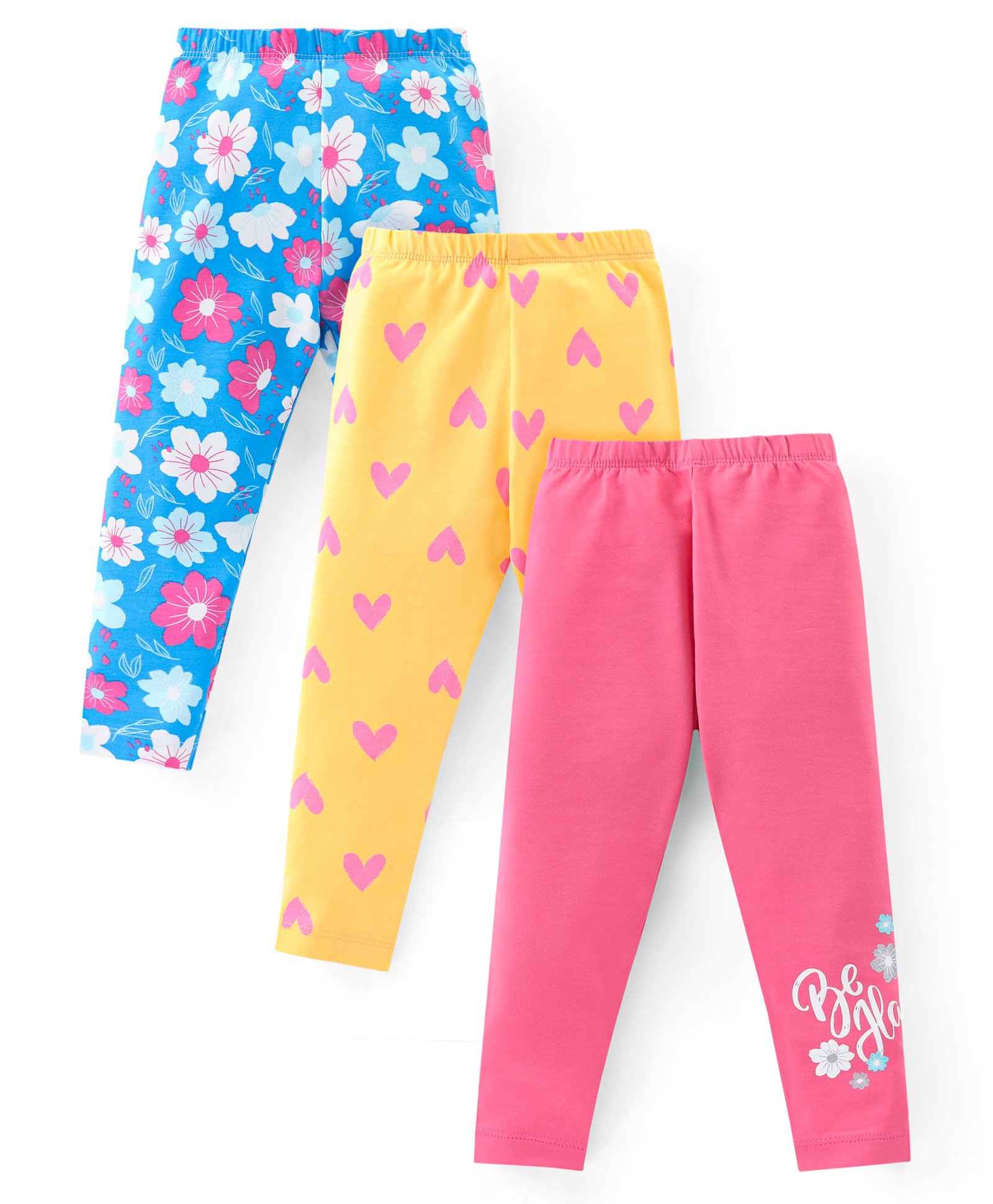 Babyhug Cotton Lycra Knit Full Length Stretchable Leggings with Floral & Heart Print Pack of 3 - Multicolour-picture-37