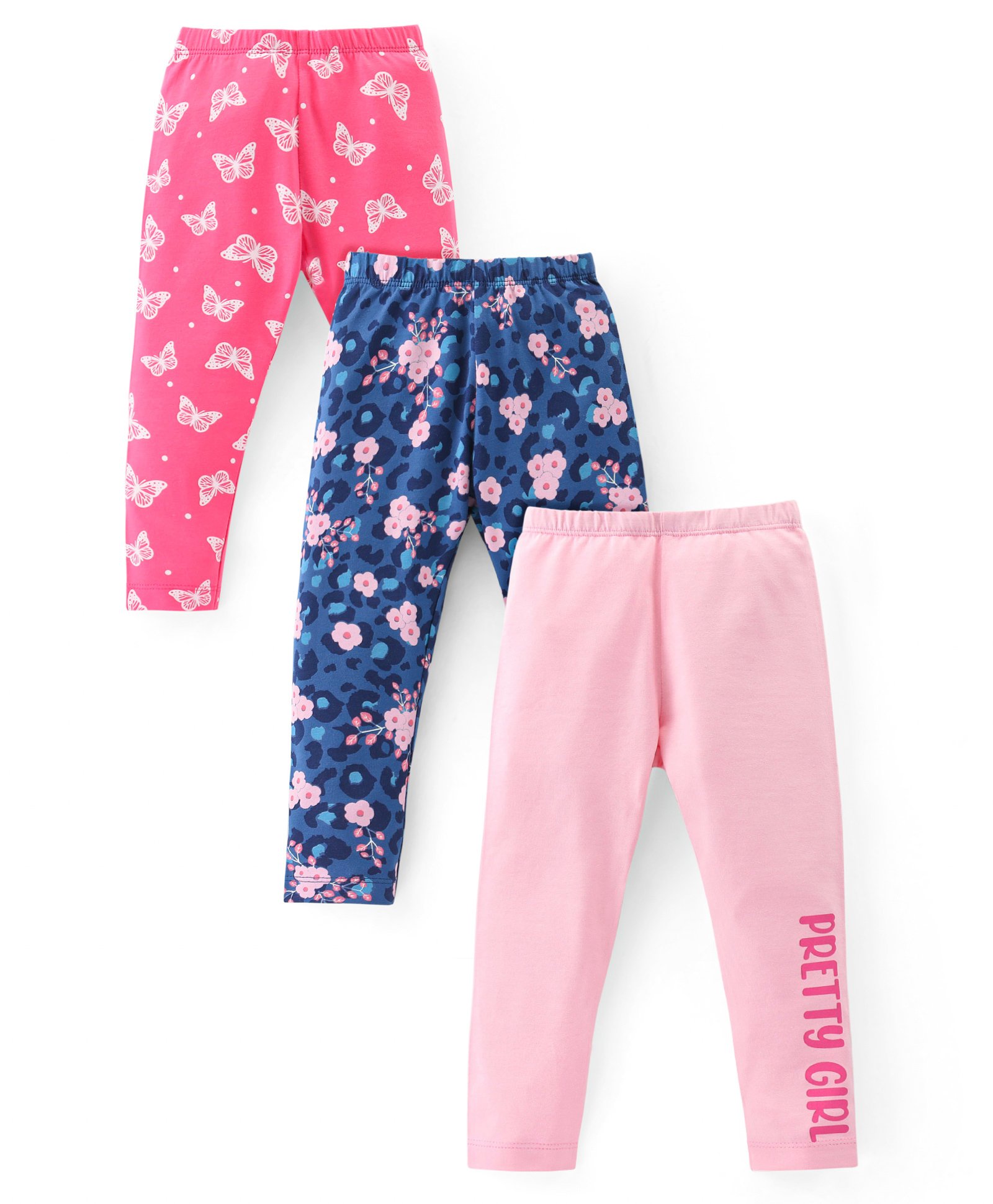 Babyhug Cotton Lycra Knit Full Length Stretchable Leggings with Floral & Butterfly Print Pack of 3 - Multicolour-picture-36