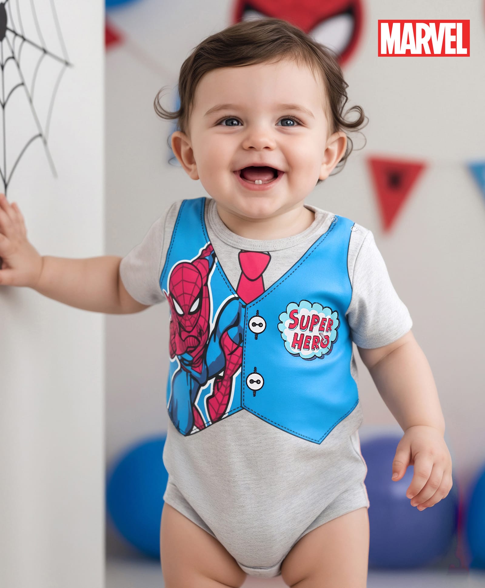 Babyhug Marvel Interlock Knit Half Sleeves Onesie With Spider Man Print - Grey-image-31