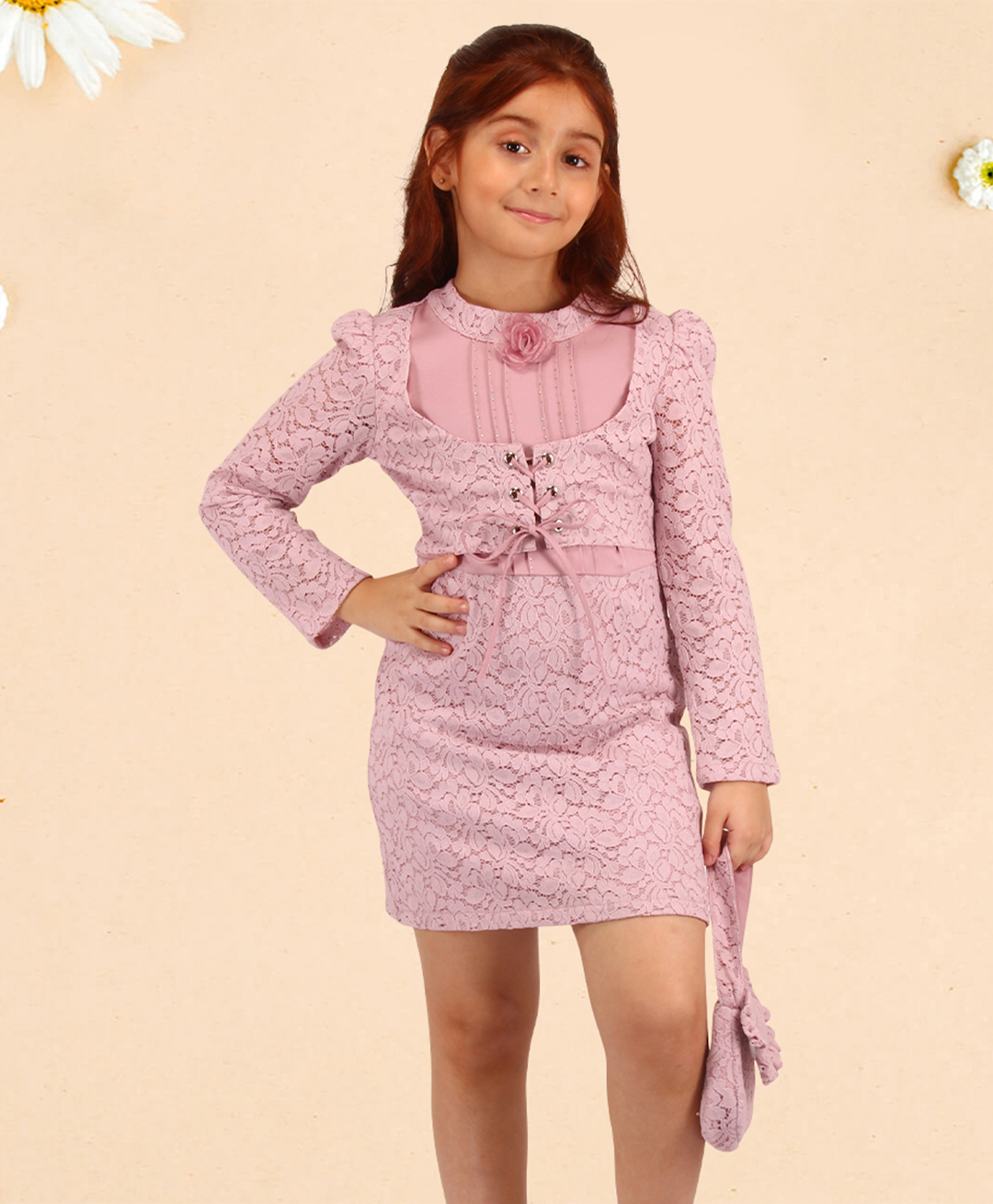 Cutecumber Full Sleeves Floral Applique & Lace Detailed Coordinating Dress With Hand Bag - Mauve-picture-17