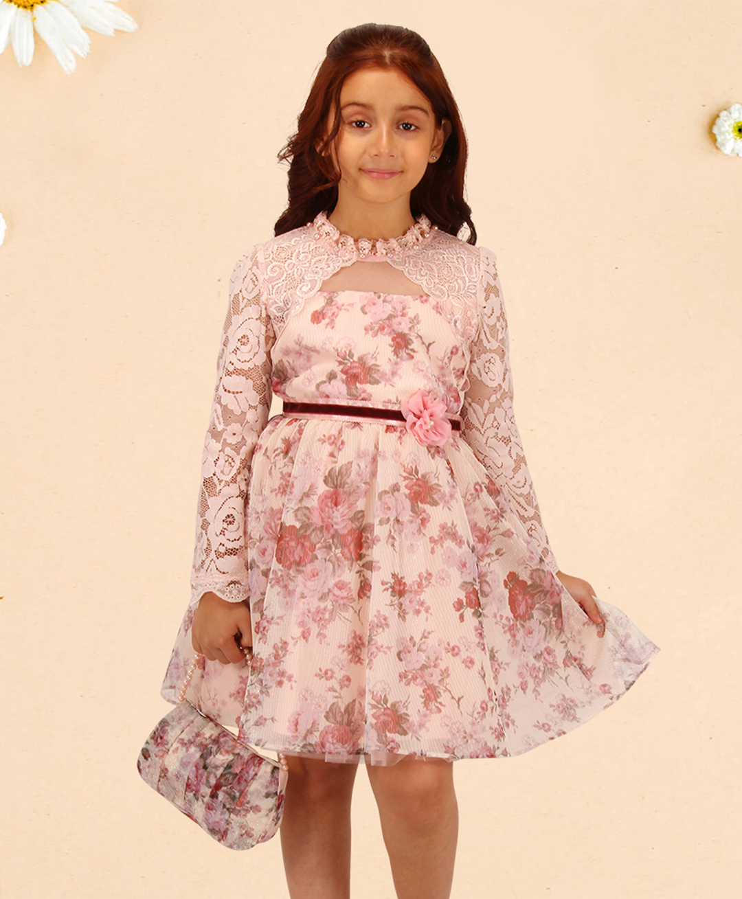 Cutecumber Full Sleeves Lace Floral Printed Coordinating Dress With Hand Bag - Peach-image-24