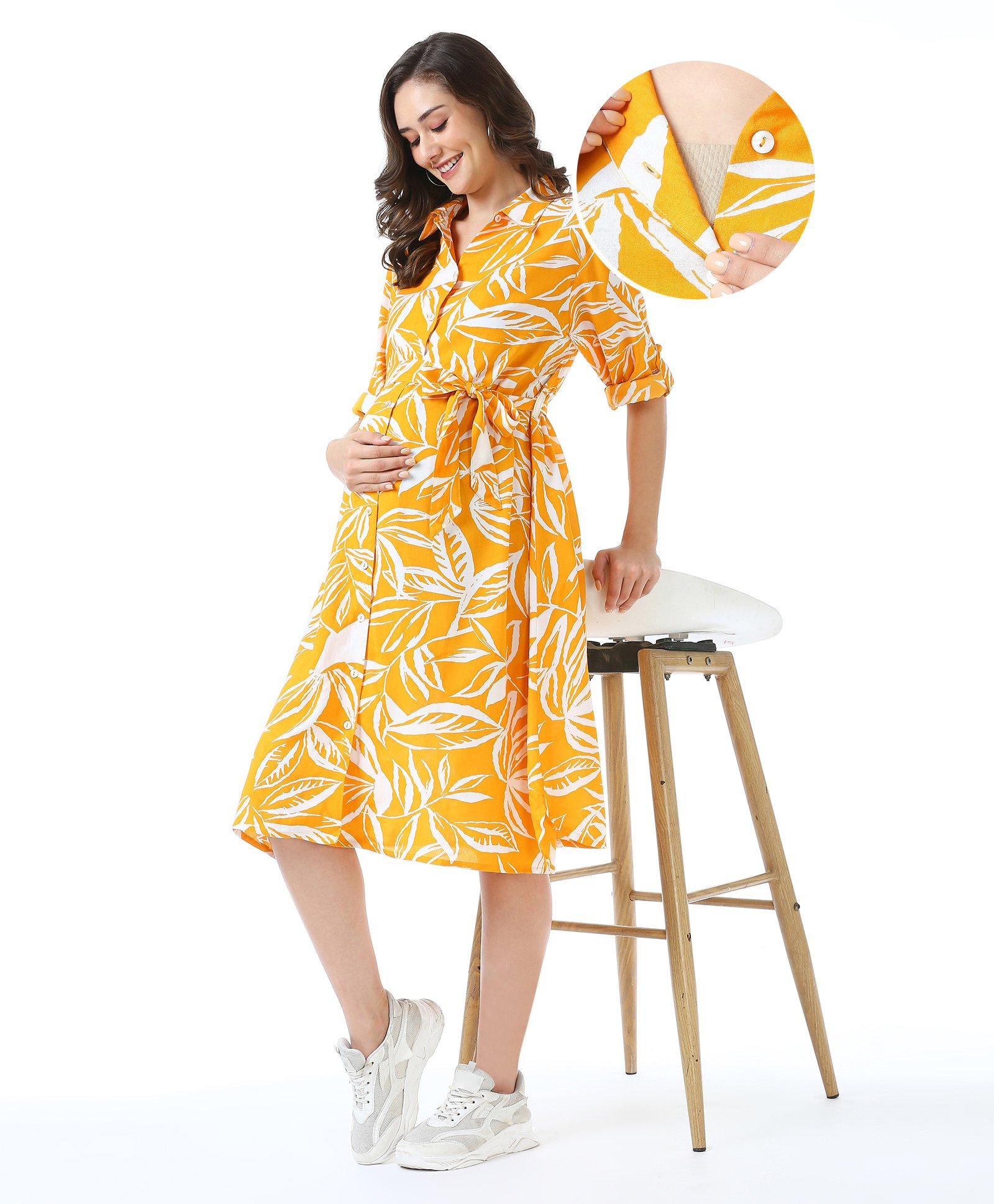 Bella Mama Woven Three Fourth Sleeves Maternity Shirt Dress with Side Pocket Leafy Print -Yellow