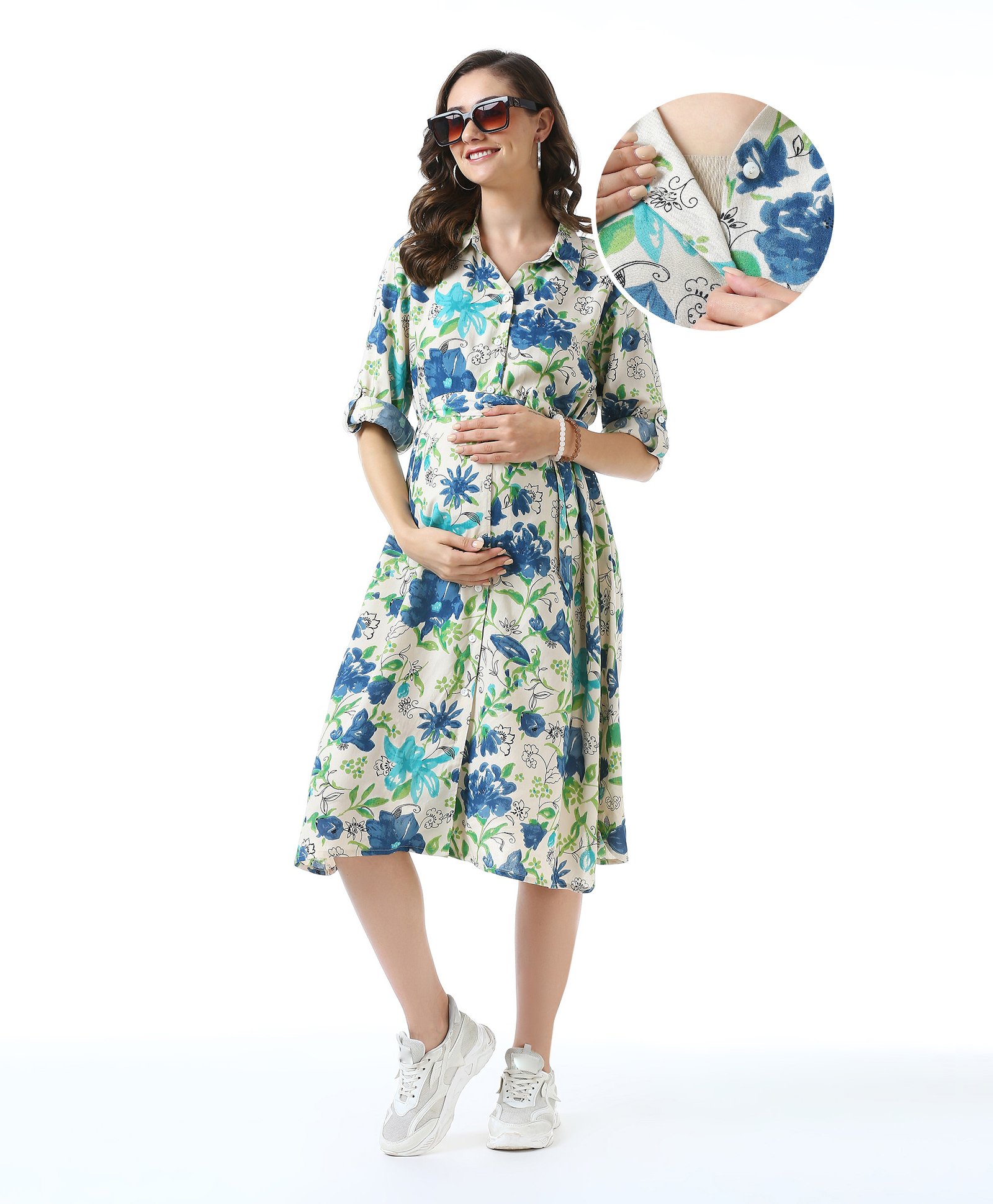 Bella Mama Woven Three Fourth Sleeves Maternity Shirt Dress with Side Pocket Floral Print -Off White-image-2