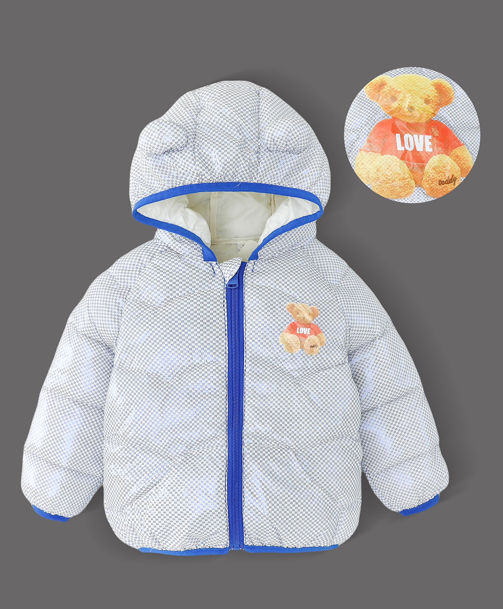 Kookie Kids Full Sleeves Front Open Padded Hooded Quilted Jacket With Teddy Bear Print & Ears Applique - White-picture-23
