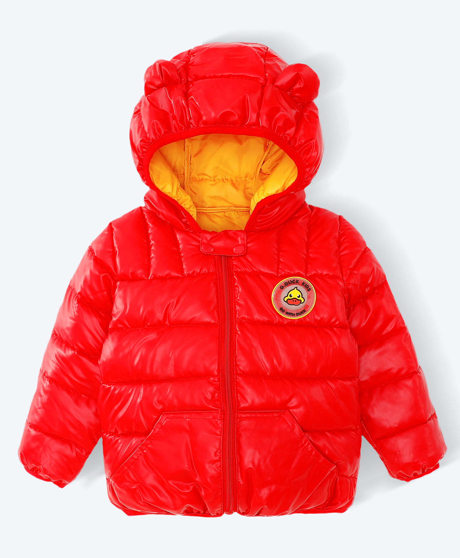 Kookie Kids Full Sleeves Front Open Padded Hooded Quilted Jacket With Duck Patch & Ears Applique - Red-picture-11