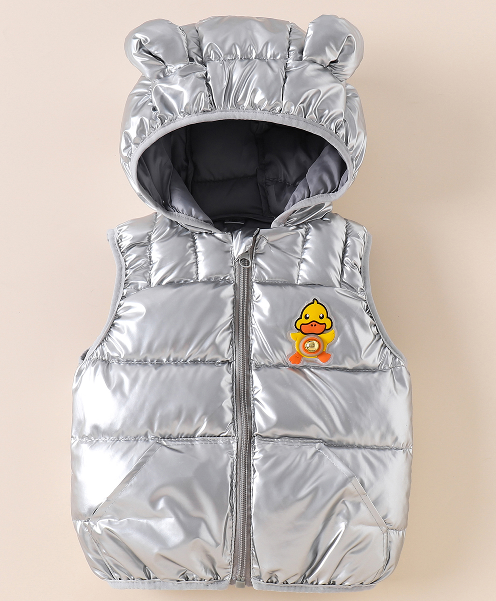 Kookie Kids Sleeveless Padded Hooded Jacket with Ears Applique & Duck Patch Detailing - Silver-image-6