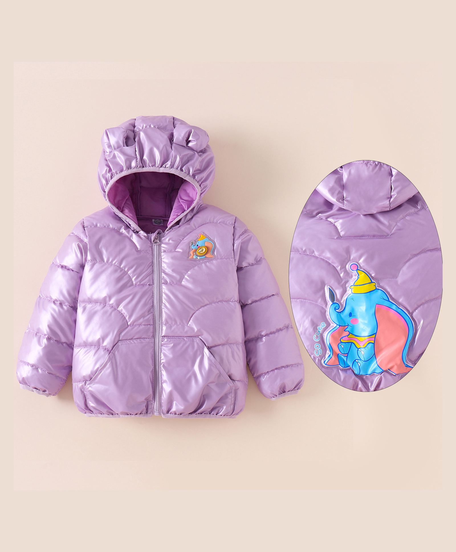 Kookie Kids Full Sleeves Padded Hooded Jacket with Elephant Patch Detailing - Lavender-picture-22