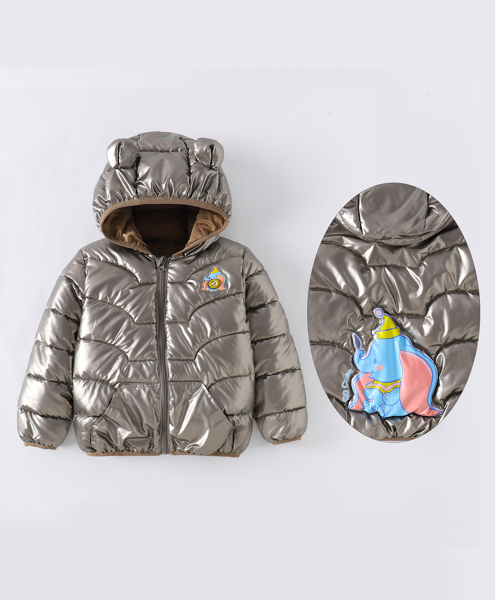 Kookie Kids Full Sleeves Padded Hooded Jacket with Elephant Patch Detailing - Grey-picture-11