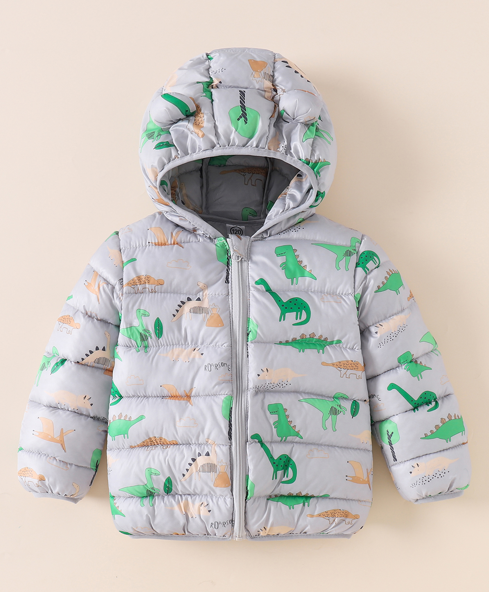 Kookie Kids Full Sleeves Padded Hooded Jacket with Dino Print & Ears Applique - Grey-image-9
