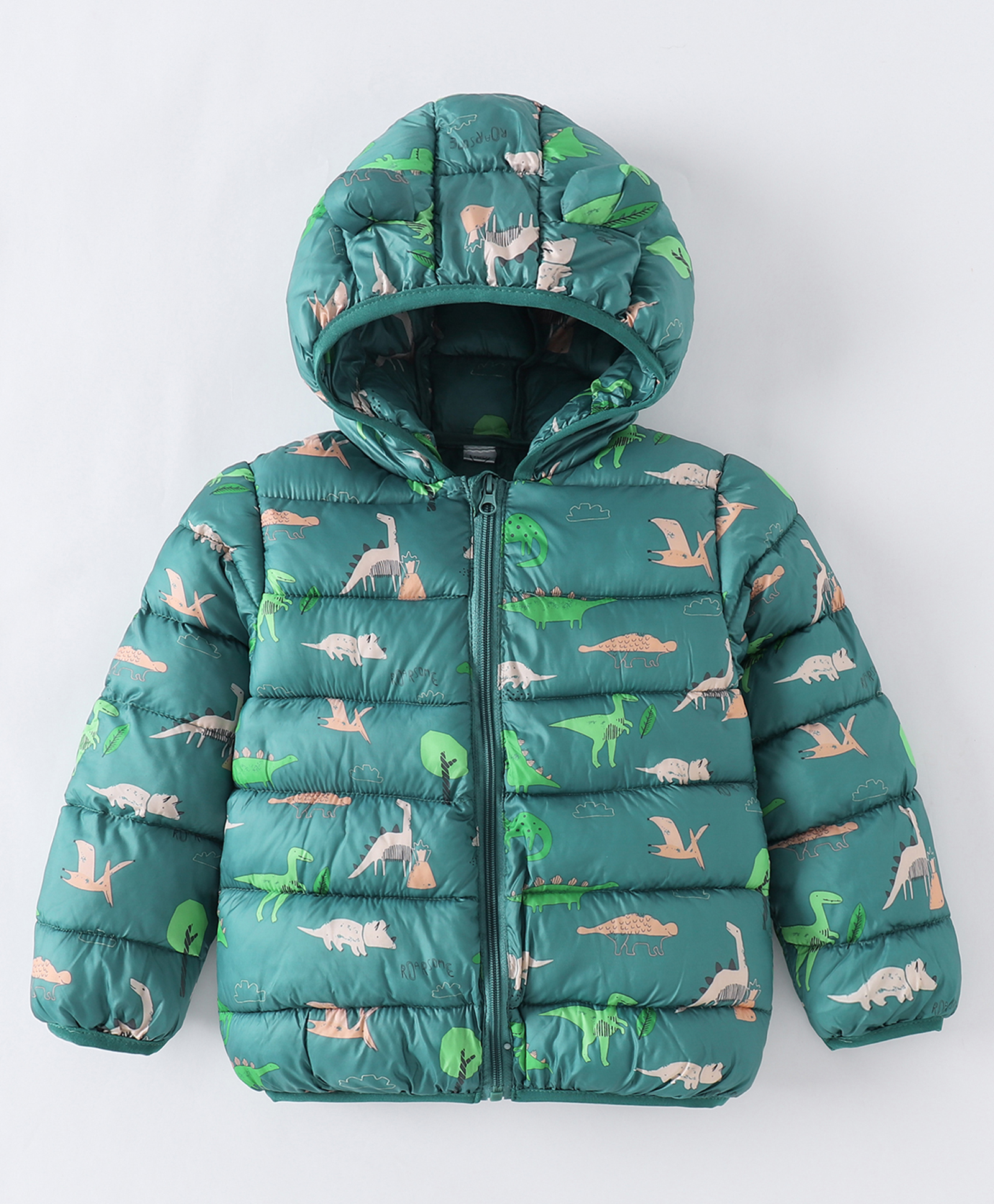 Kookie Kids Full Sleeves Padded Hooded Jacket with Dino Print & Ears Applique - Teal Blue-image-18