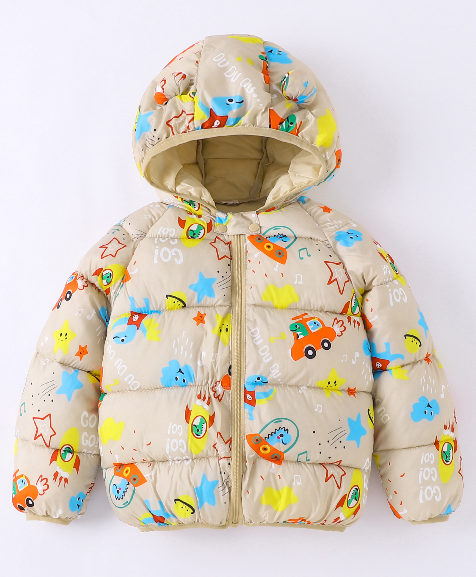 Kookie Kids Full Sleeves Padded Hooded Jacket with Dino Print & Ears Applique - Beige-picture-22