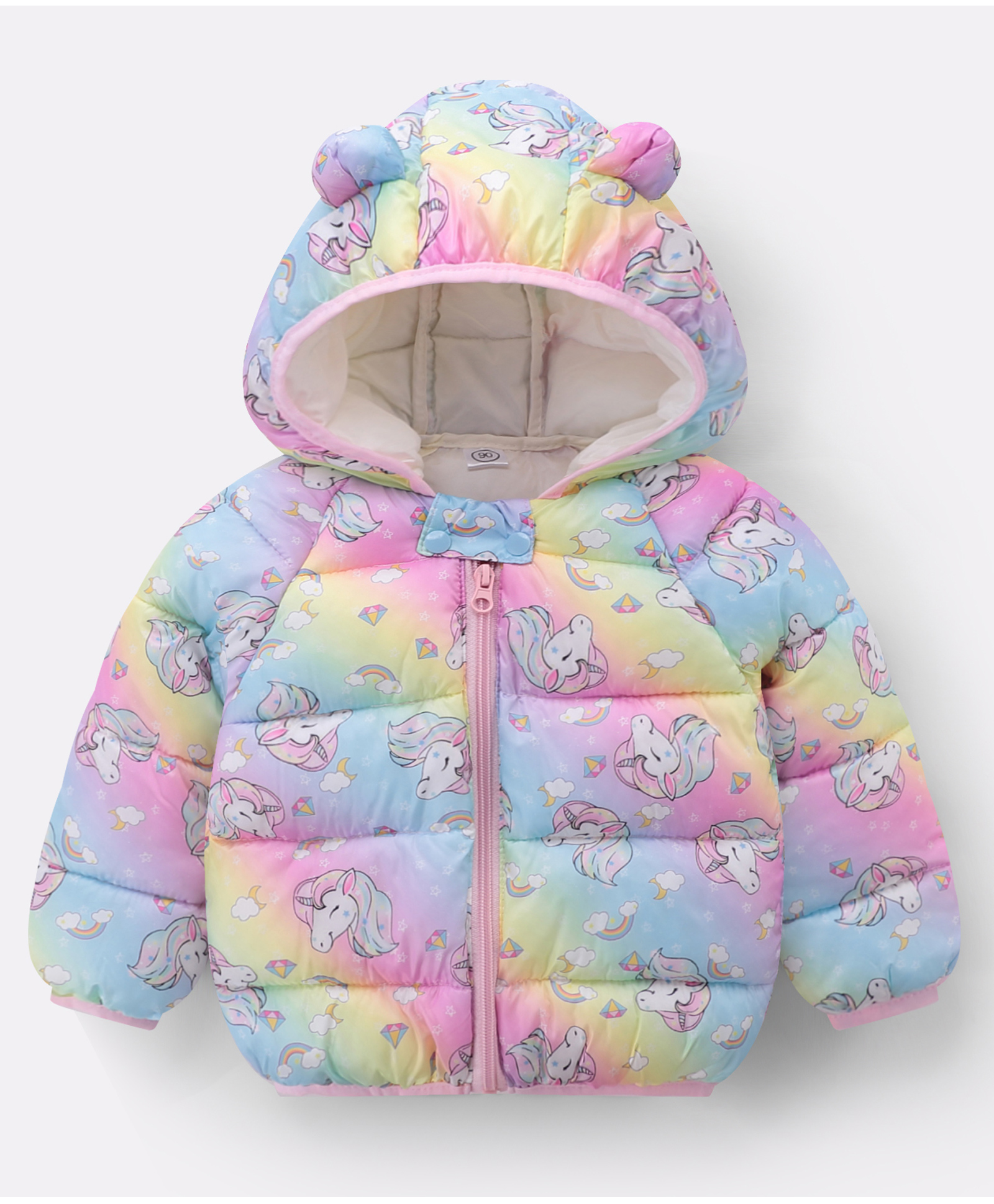Kookie Kids Full Raglan Sleeves Padded Hooded Jacket with Unicorn Print & Ears Applique - Multicolour-picture-20
