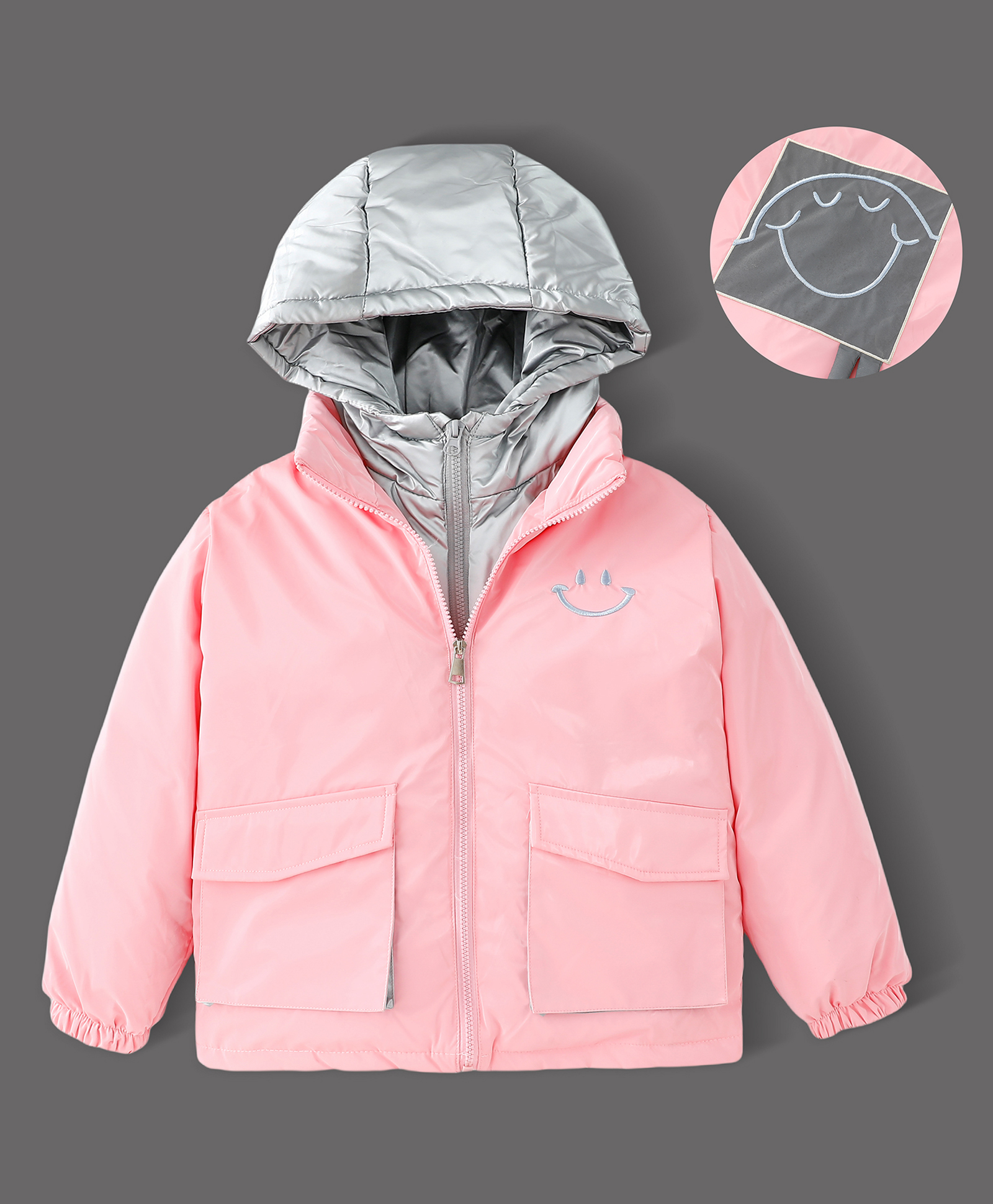 Kookie Kids Full Sleeves Front Open Padded Hooded Jacket With Smiley Embroidery - Pink-image-22