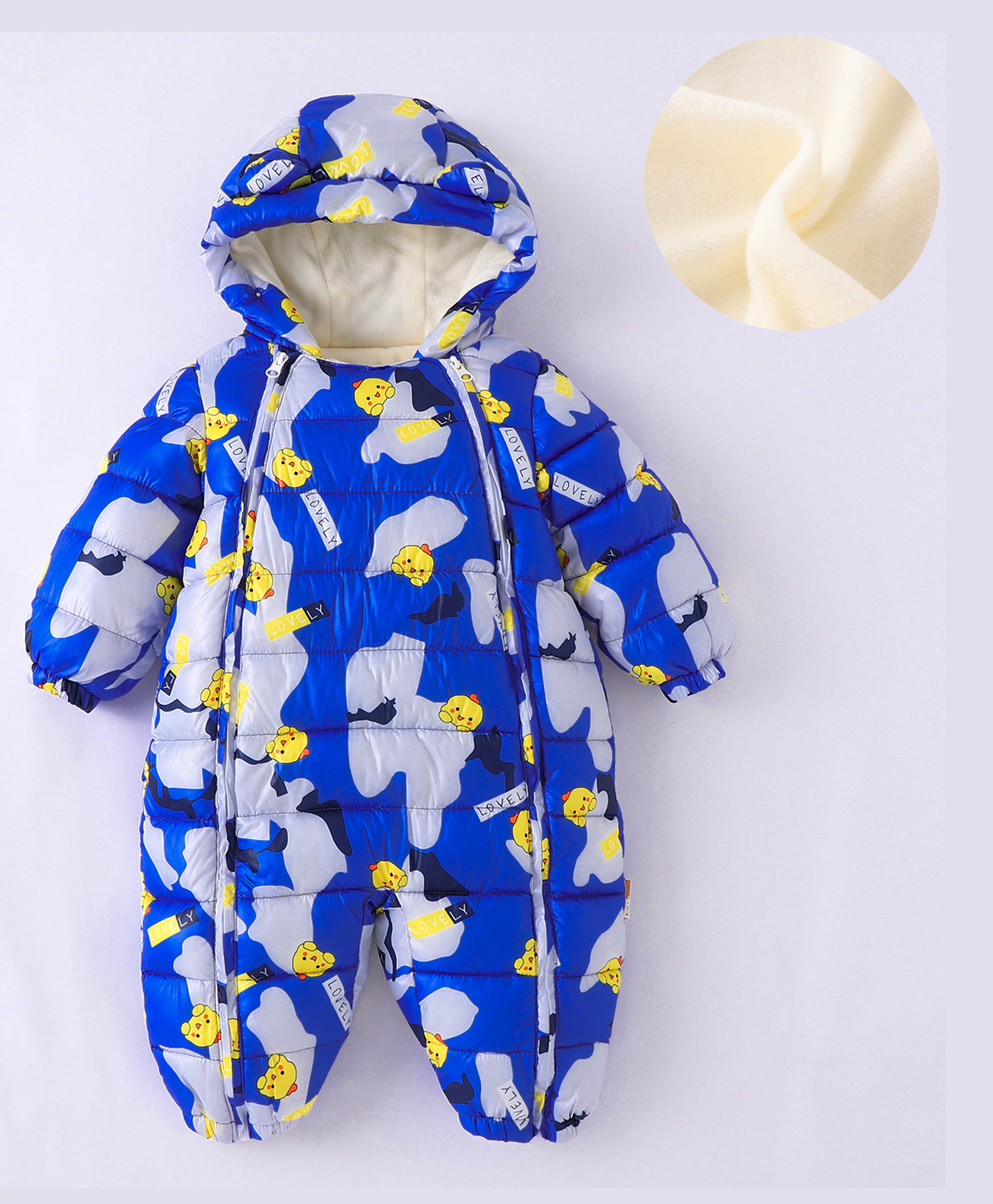 Kookie Kids Full Sleeves Hooded Winter Wear Romper With Text & Chicks Print - Royal Blue-picture-19