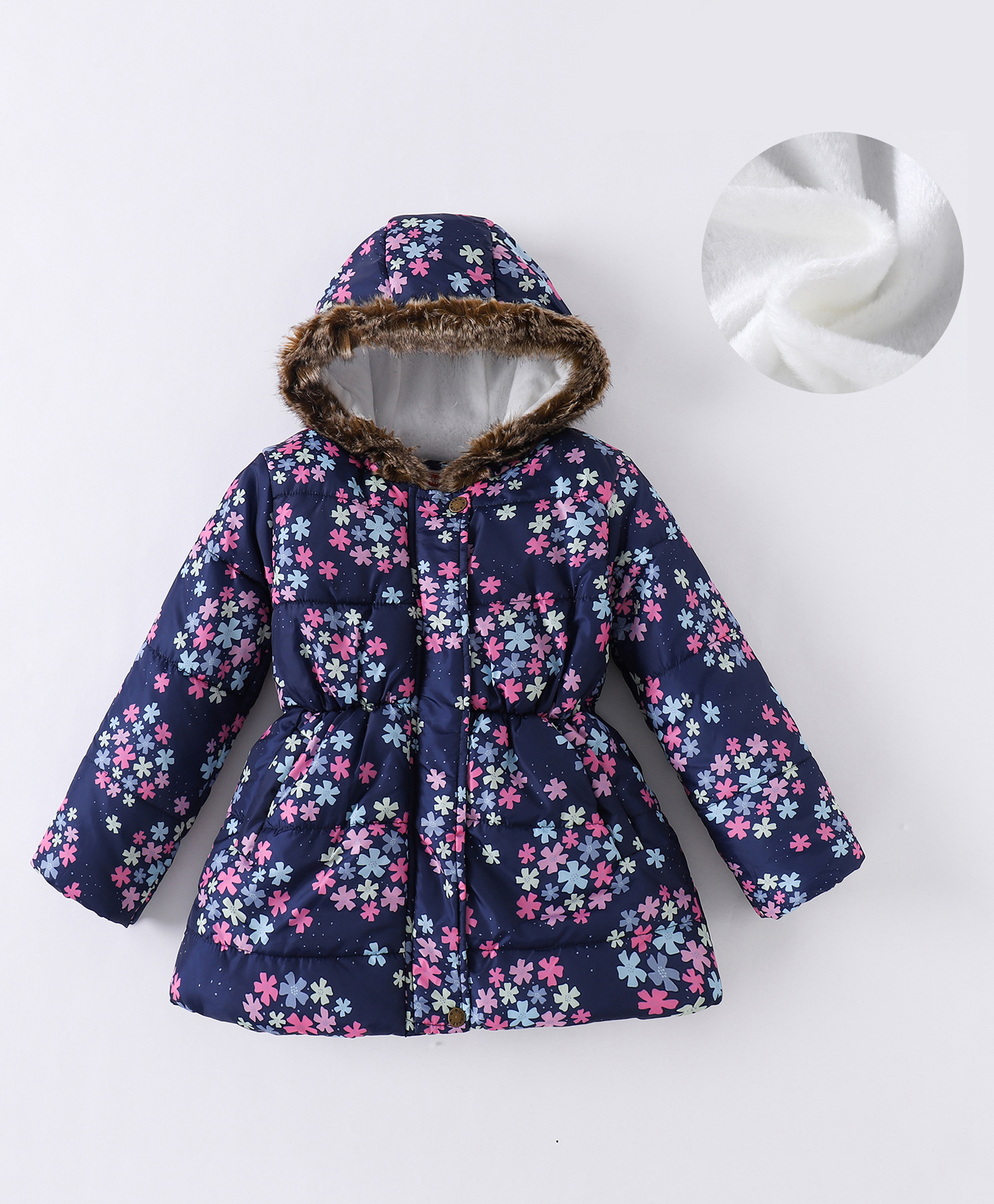 Kookie Kids Full Sleeves Padded Hooded Jacket with Floral Print & Fur Detailing - Navy Blue-image-41