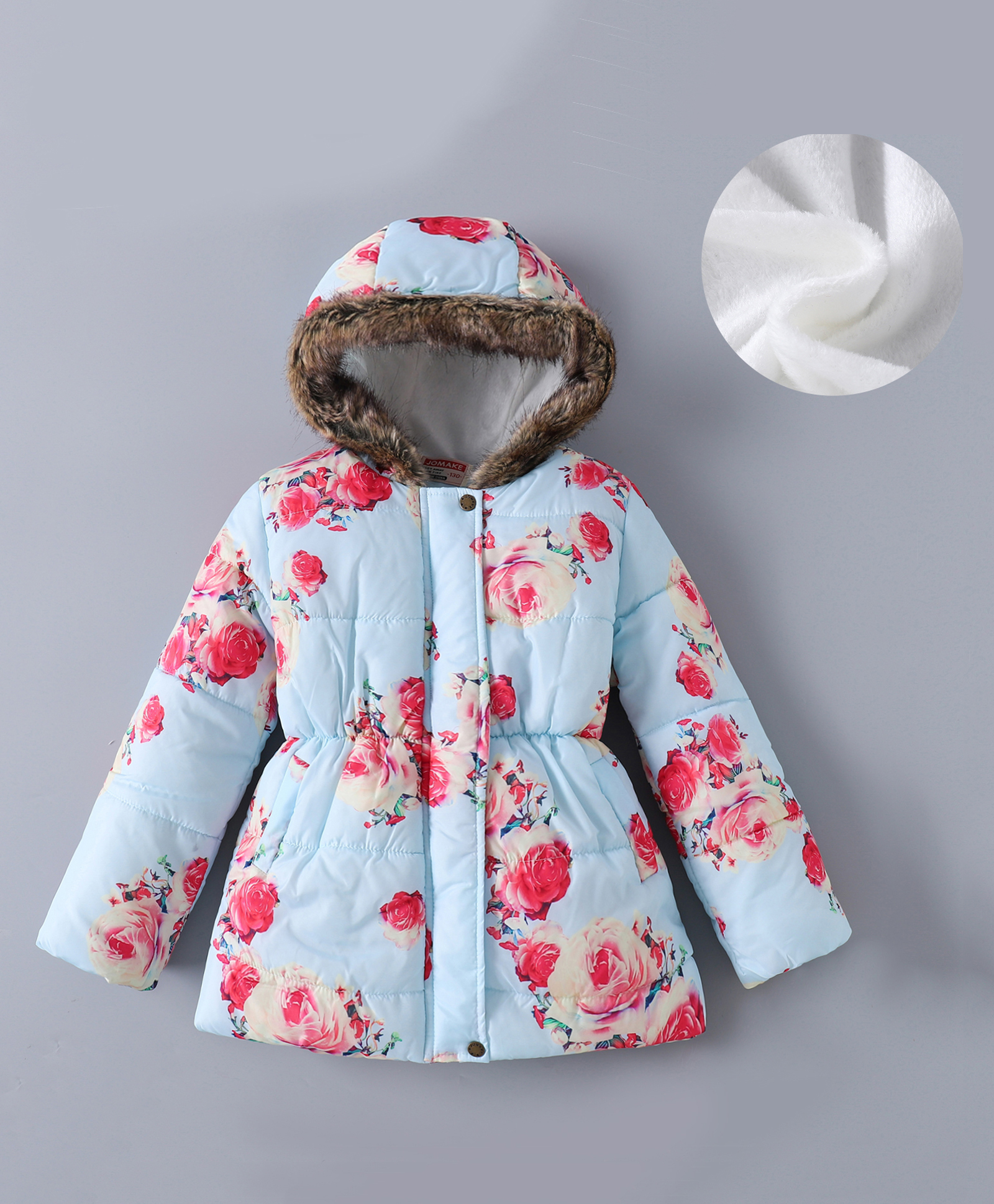 Kookie Kids Full Sleeves Padded Hooded Jacket with Floral Print & Pockets - Light Blue-image-28