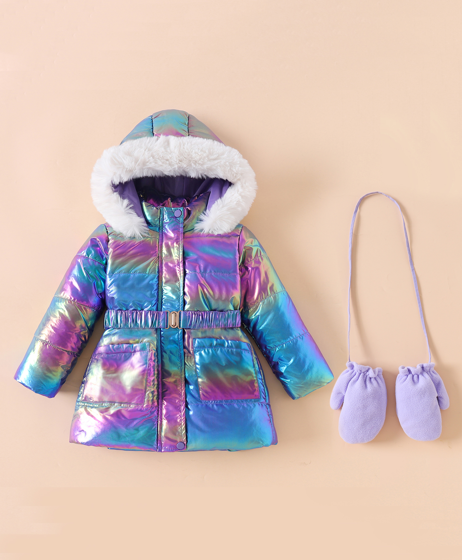 Kookie Kids Full Sleeves Padded Hooded Jacket with Gloves & Pockets - Blue & Pink-image-31