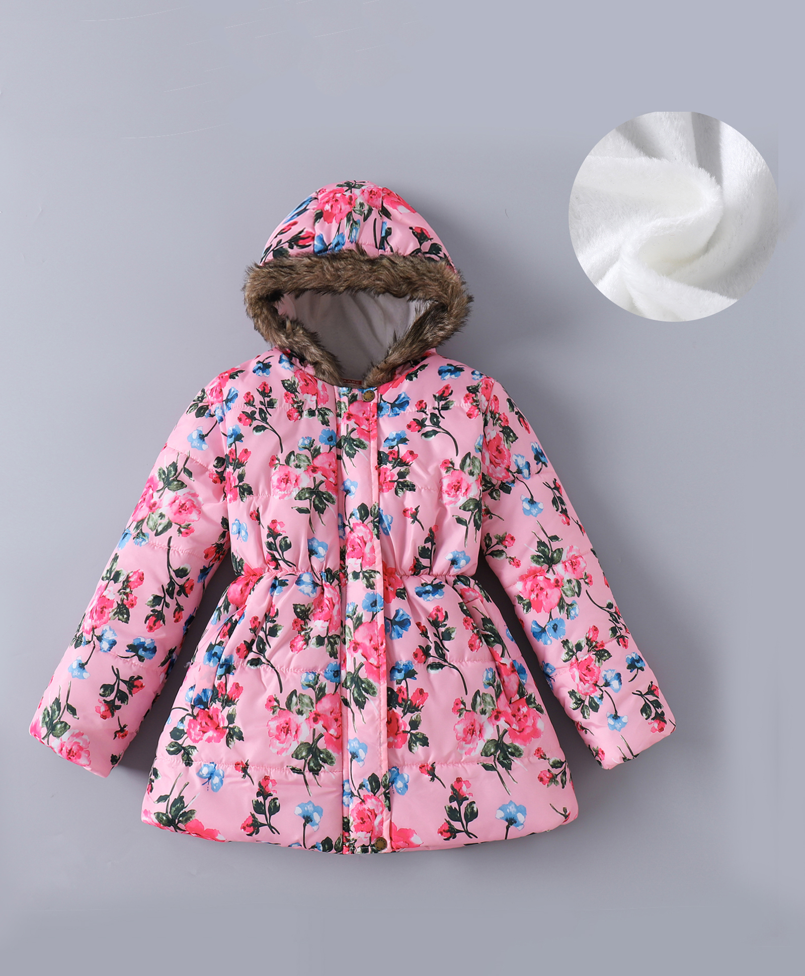 Kookie Kids Full Sleeves Floral Printed Padded HoodedJacket with Fur Detailing - Pink-image-27