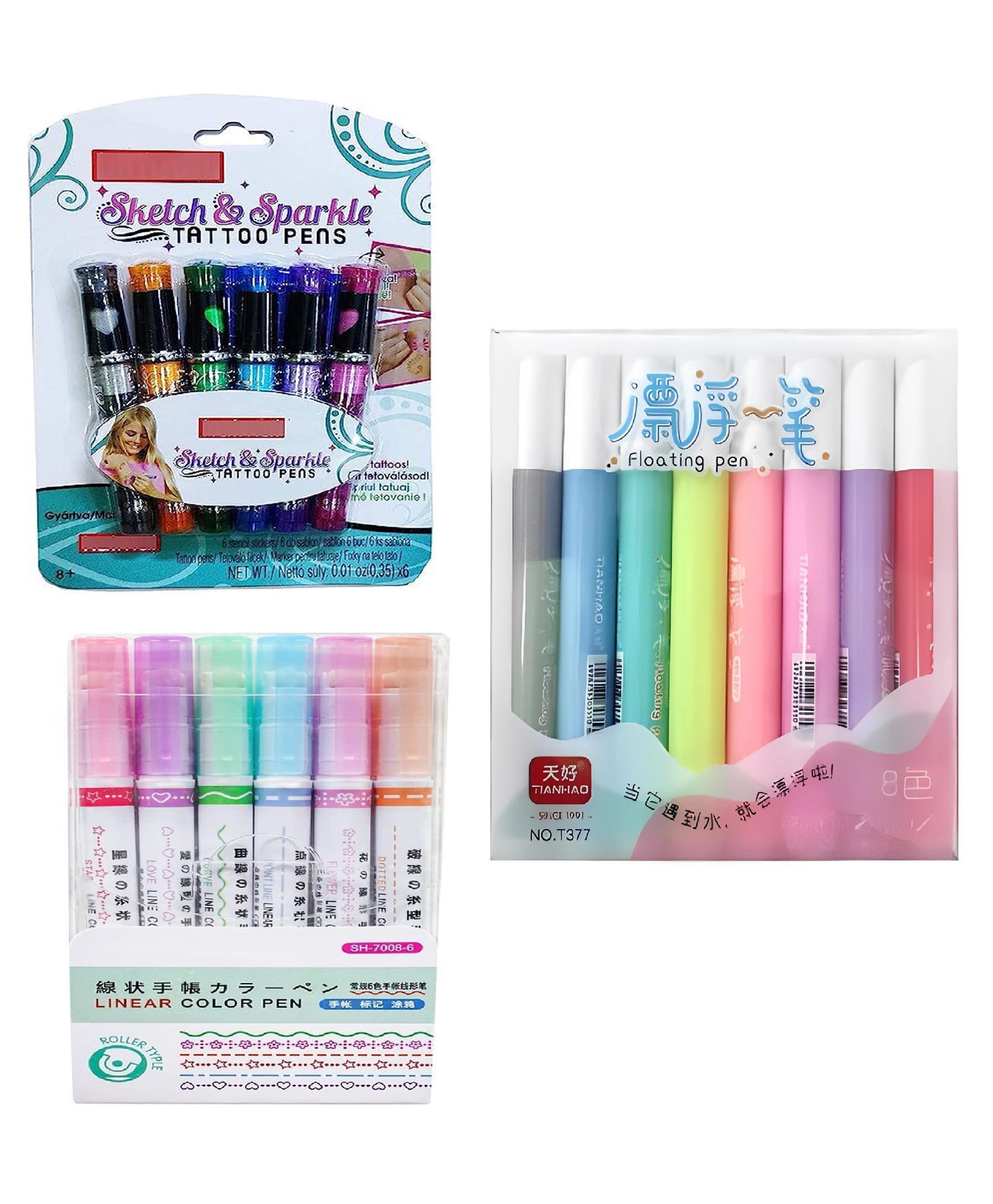 New Pinch Washable Marker Color Floating Ink Pen with linear color pen &  Glitter Tattoo Pens  Multicolor (pack of 3)-image-5