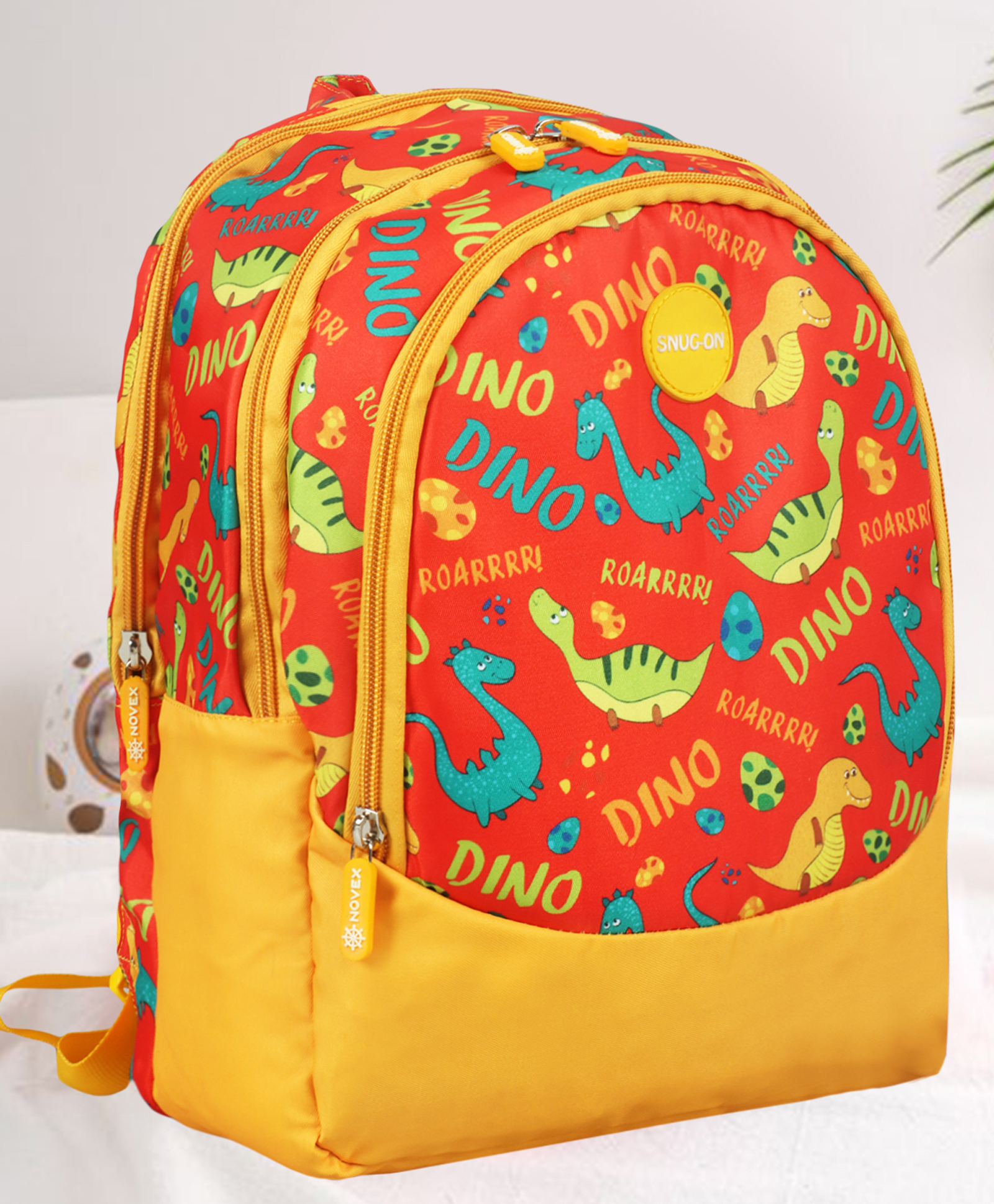 NOVEX SNUG-ON Dino Printed Kids School Bag For Boys/Kids Backpack - (Red, 15 Inch)-image-4