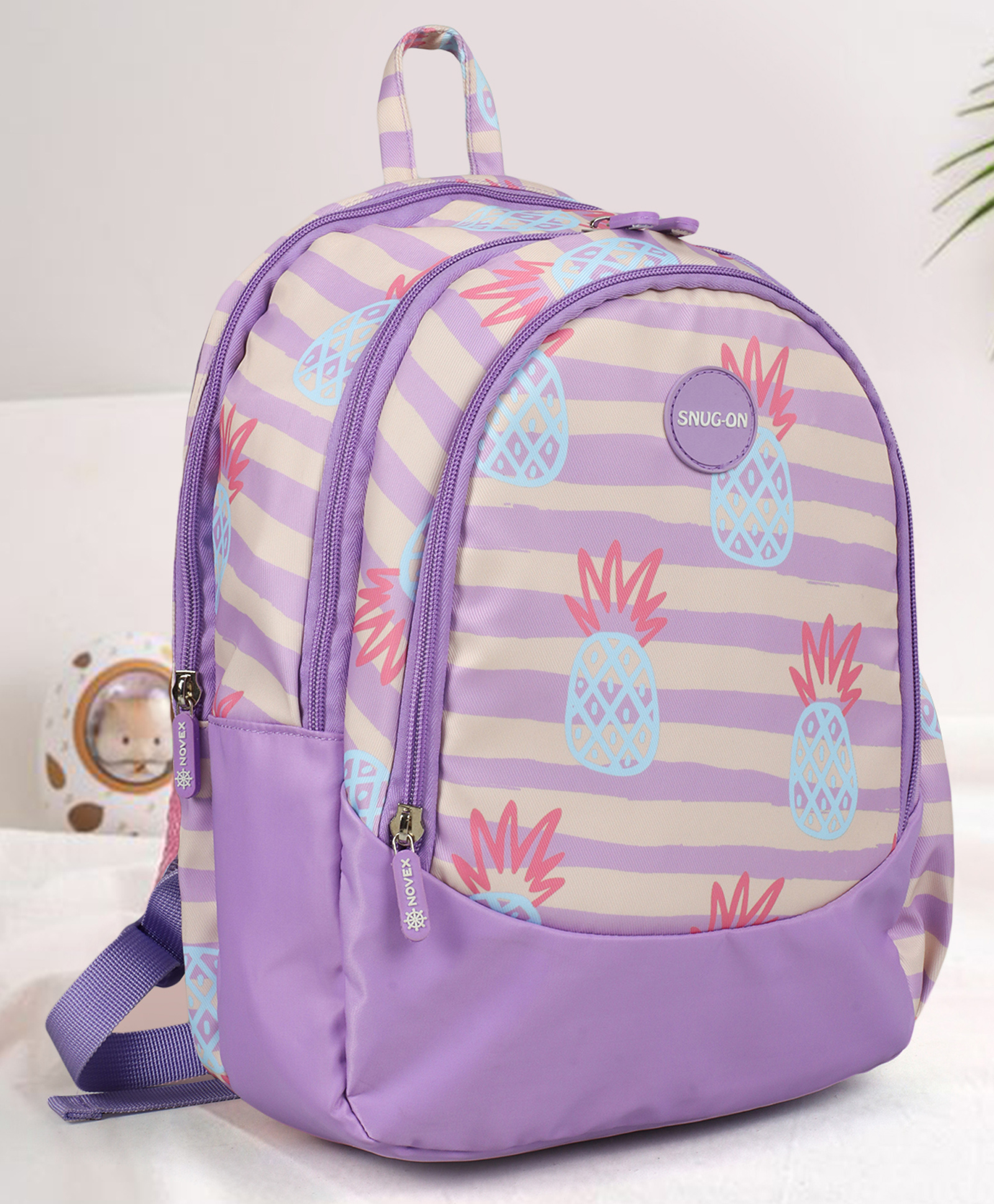 NOVEX SNUG-ON Pine Apple Printed Kids School Bag For Girls/Kids Backpack - (Purple, 15 Inch)-picture-20