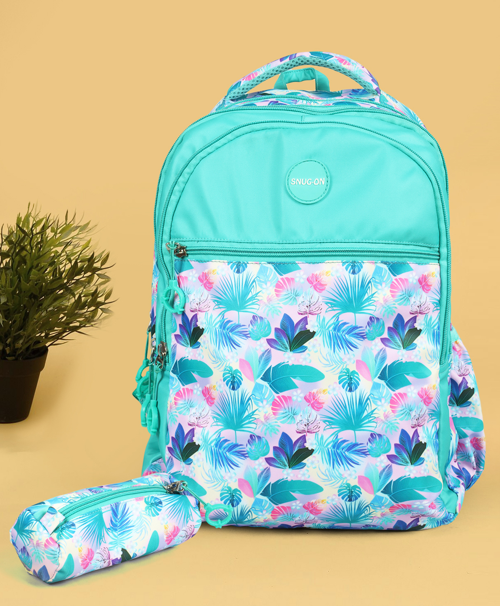 NOVEX SNUG-ON Finely Printed School Bag For Girls With Stationery Pouch & Rain Cover/Backpack - (Green, 19 Inch)-image-2