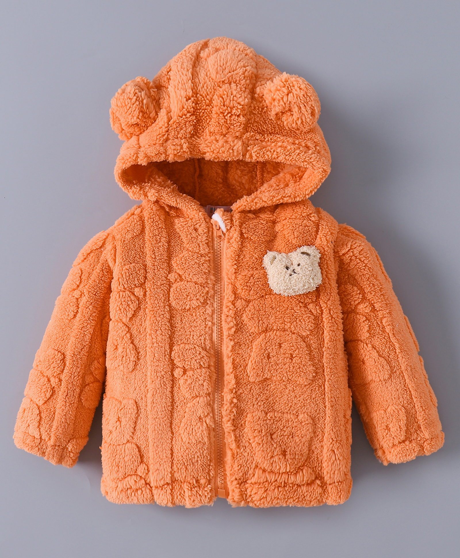 Kookie Kids Full Sleeves Front Open Hooded Fur Winter Jacket with Ears Applique & Bear Patch Detailing - Orange-image-33