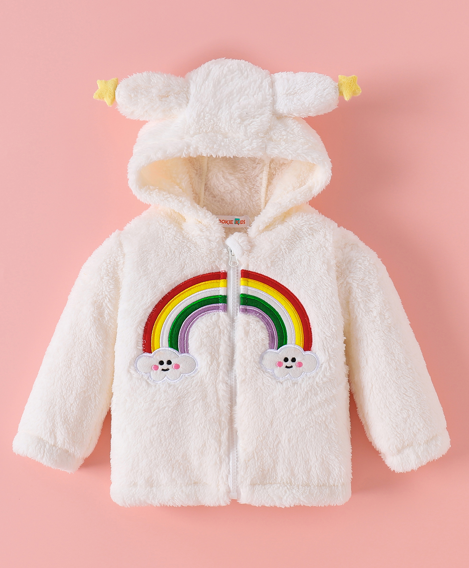 Kookie Kids Full Sleeves Front Open Hooded Fur Winter Jacket With Rainbow Embroidery - White-picture-13