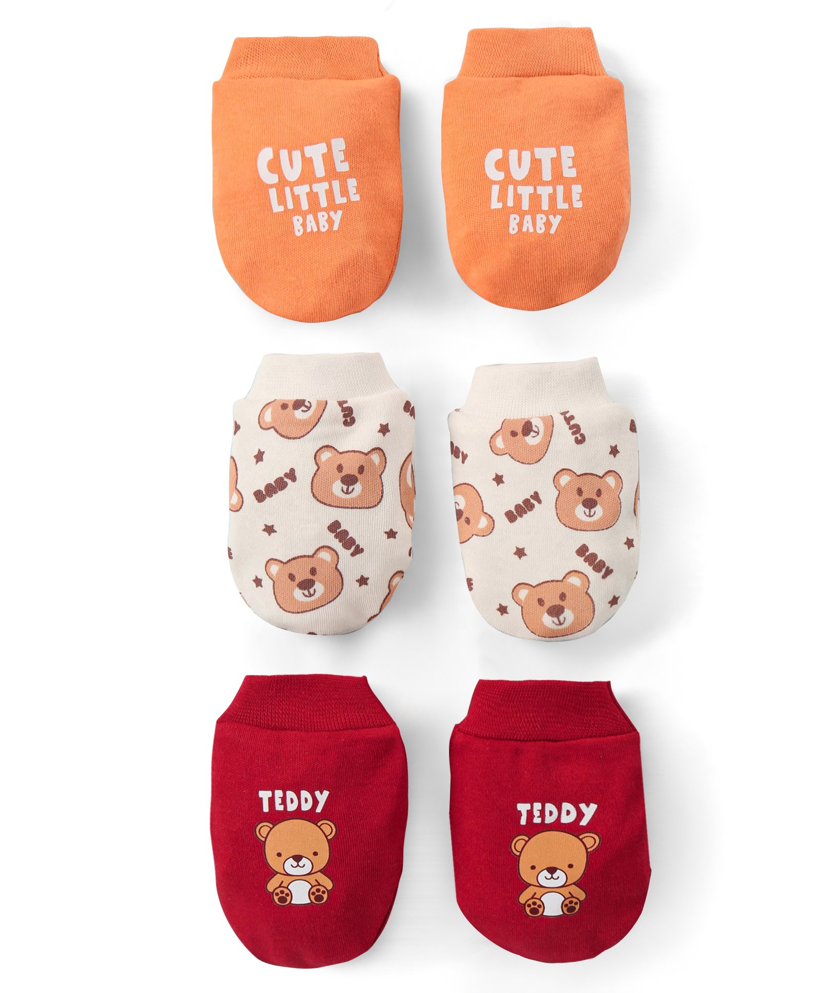 Doodle Poodle Interlock Knit Mittens with Bear Print Pack of 3 - Orange Red & White-picture-0