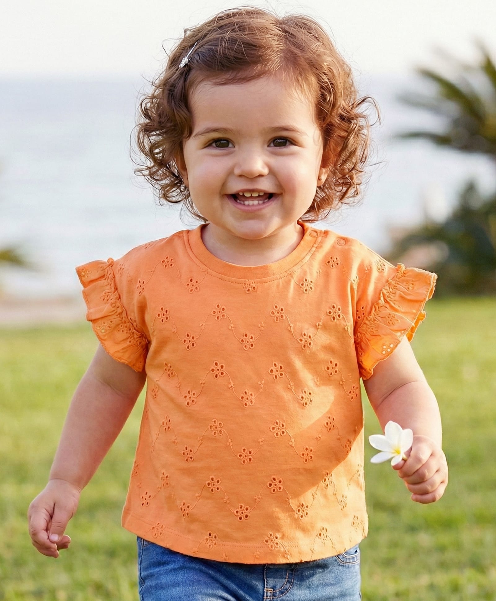 Babyoye Single Jersey Knit Frill Sleeves Schiffli  Top with Floral Embroidery - Orange-image-39
