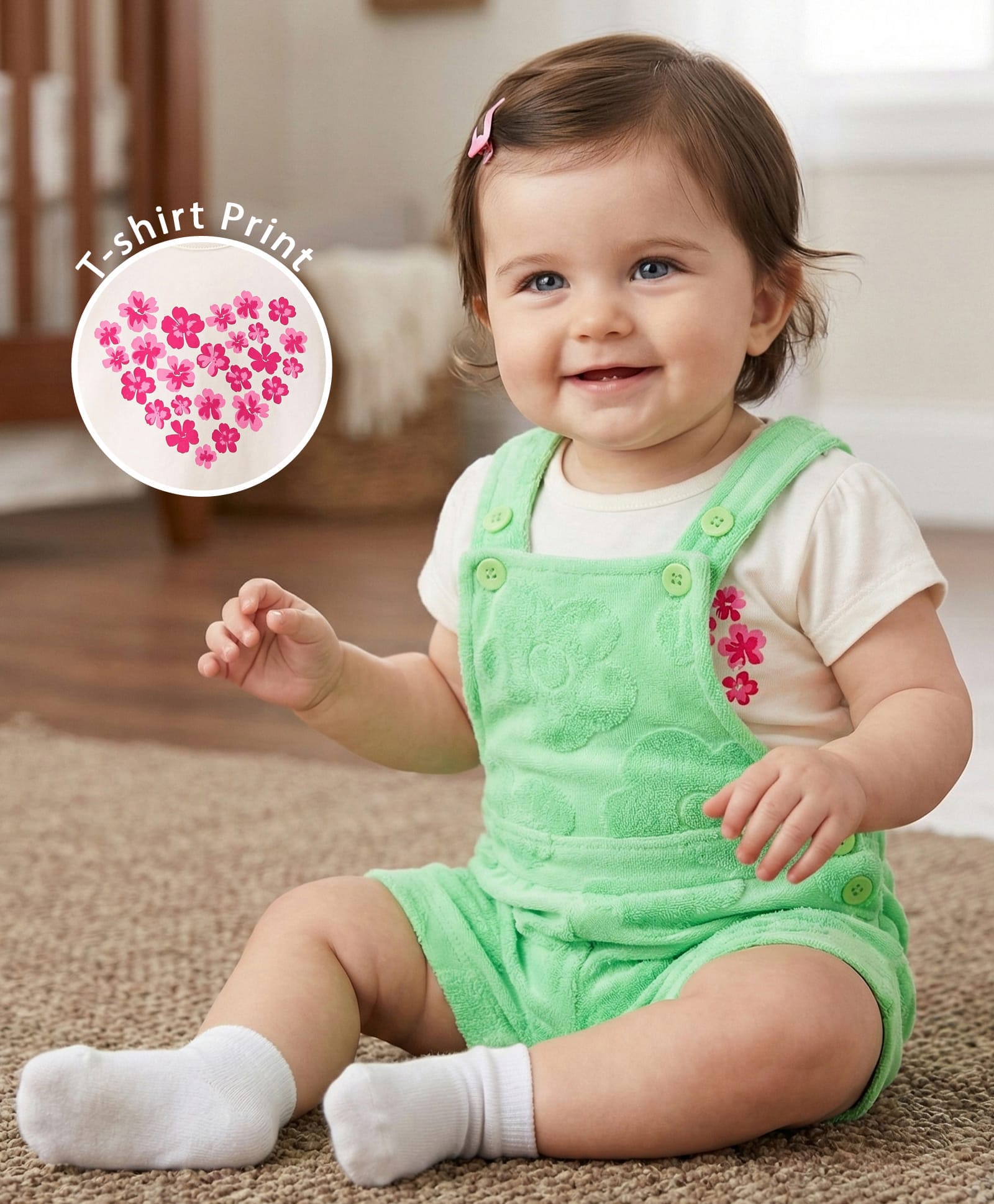 Babyoye Jaquard  Dungarees & Half Sleevs Tee Floral Print- Green & White-image-33