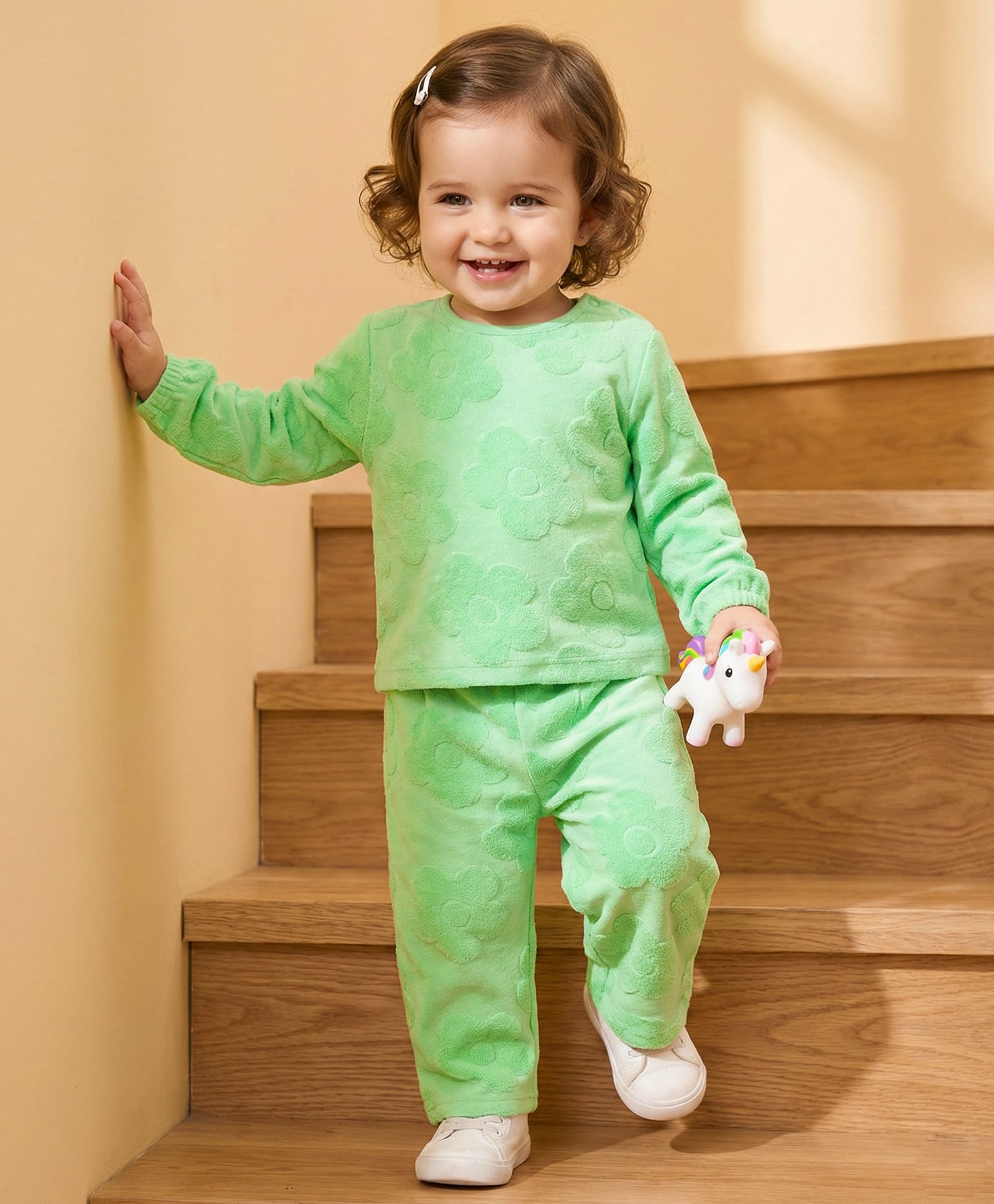 Babyoye Cotton Elastane Full Sleeves Floral Jacquard T-Shirt & Lounge Pants Co-Ord Set - Green-image-26