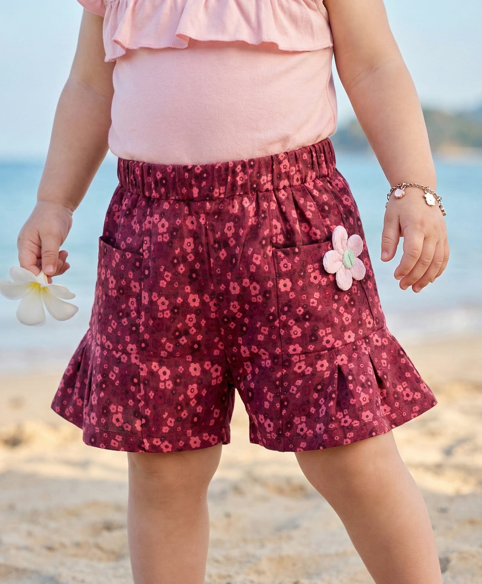 Babyoye Twill Woven Floral Printed Shorts With Floral Applique - Wine-picture-11