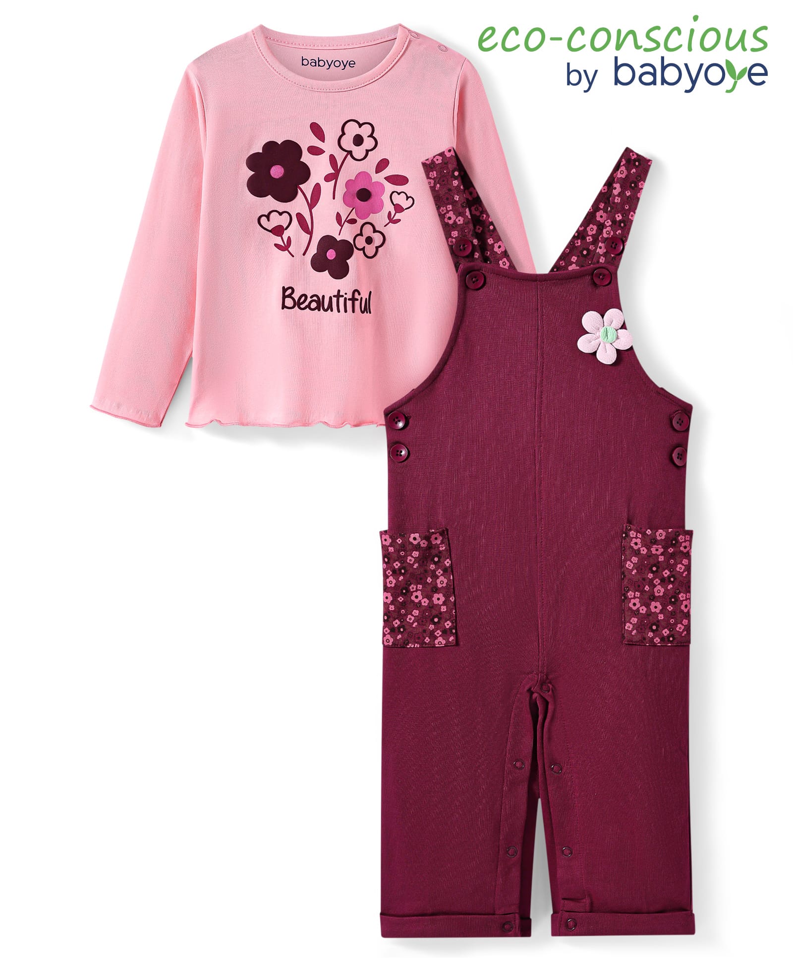 Babyoye Twill Woven Full Sleeves T-Shirt with Dungaree Floral Printed - Dark Red & Pink-picture-13