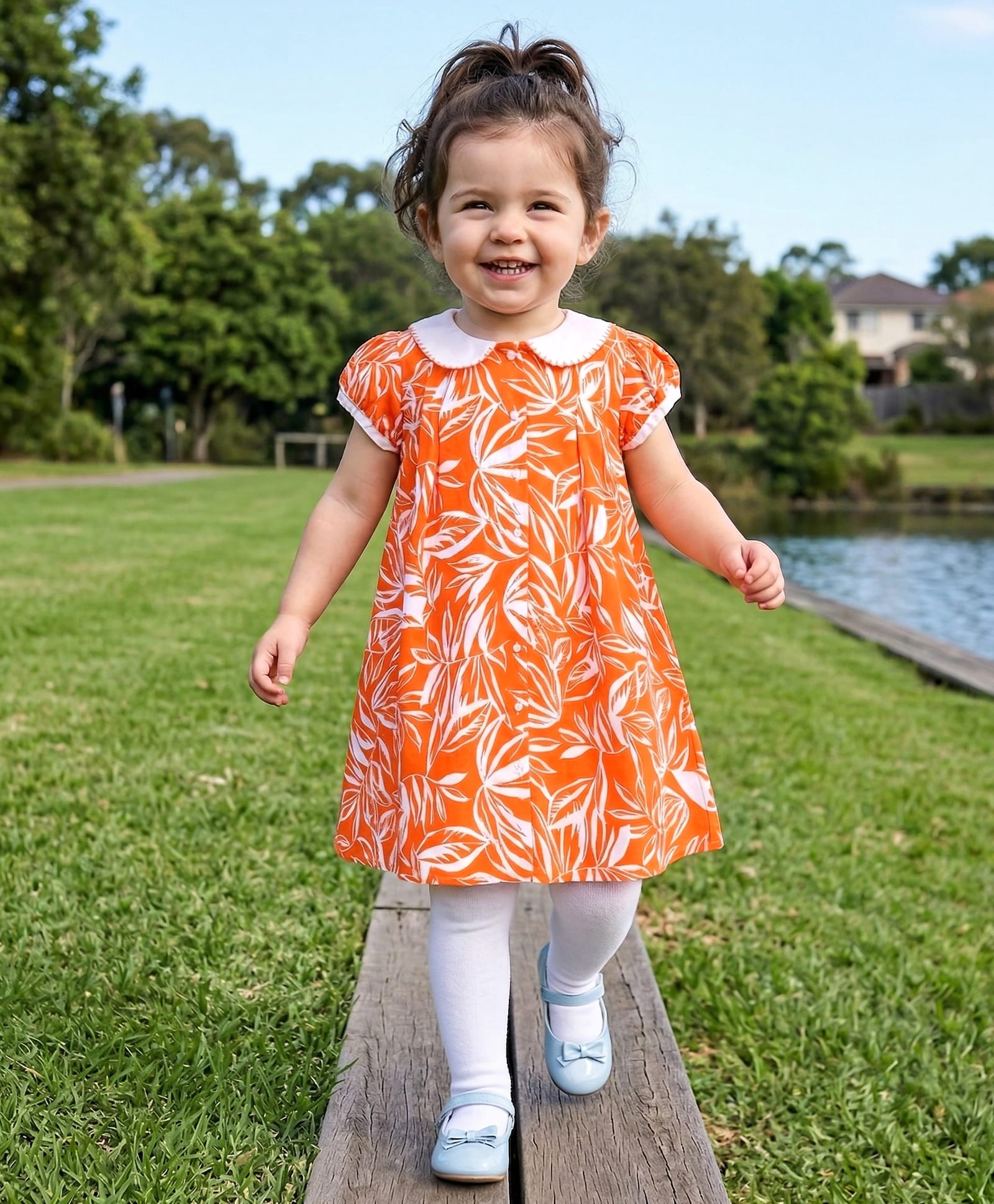 Babyhug Cambric Woven Puffed Sleeves A Line Frock with Peter Pan Collar Leaf Print - Orange-image-29