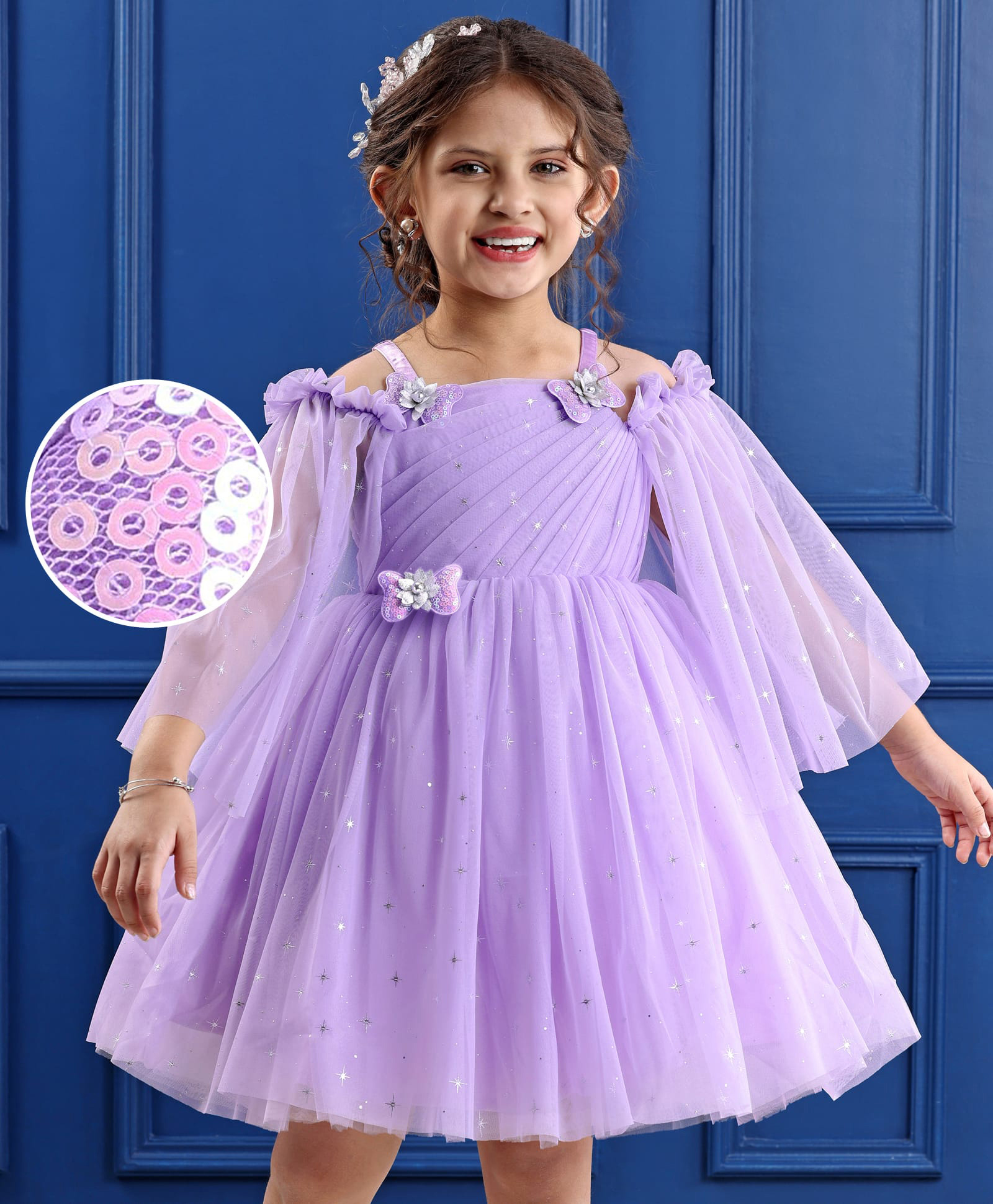 Mark & Mia Cold Shoulder Sleeves Pleated Party Frock with Star Glitter Detailing & Bow Applique - Lavender-picture-13