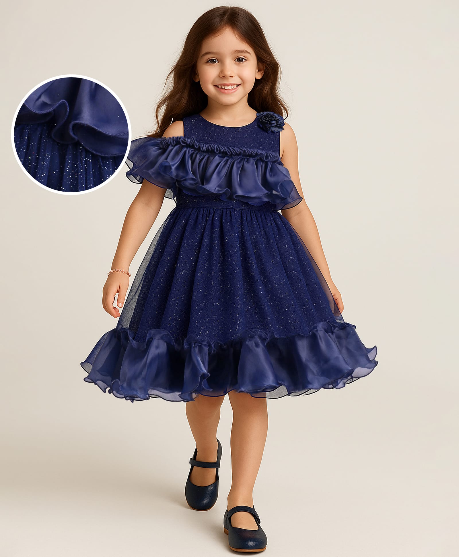 Mark & Mia Woven Sleeveless Party Dress with Frill Detailing & Corsage Applique - Navy Blue-picture-38