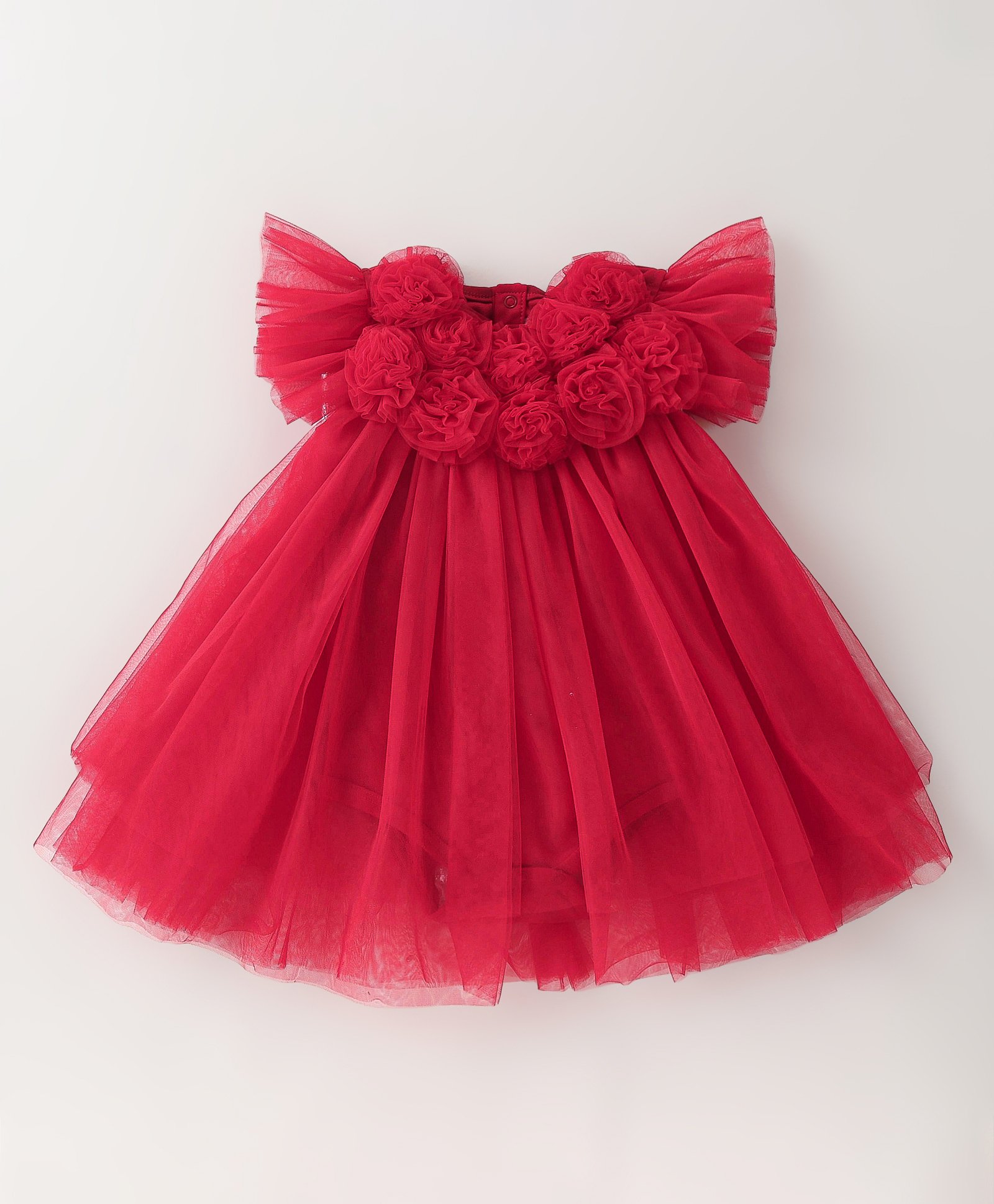 Mark & Mia Frill Sleeves Layered A Line Solid Colour Frock Style Onesie with Floral Applique - Red