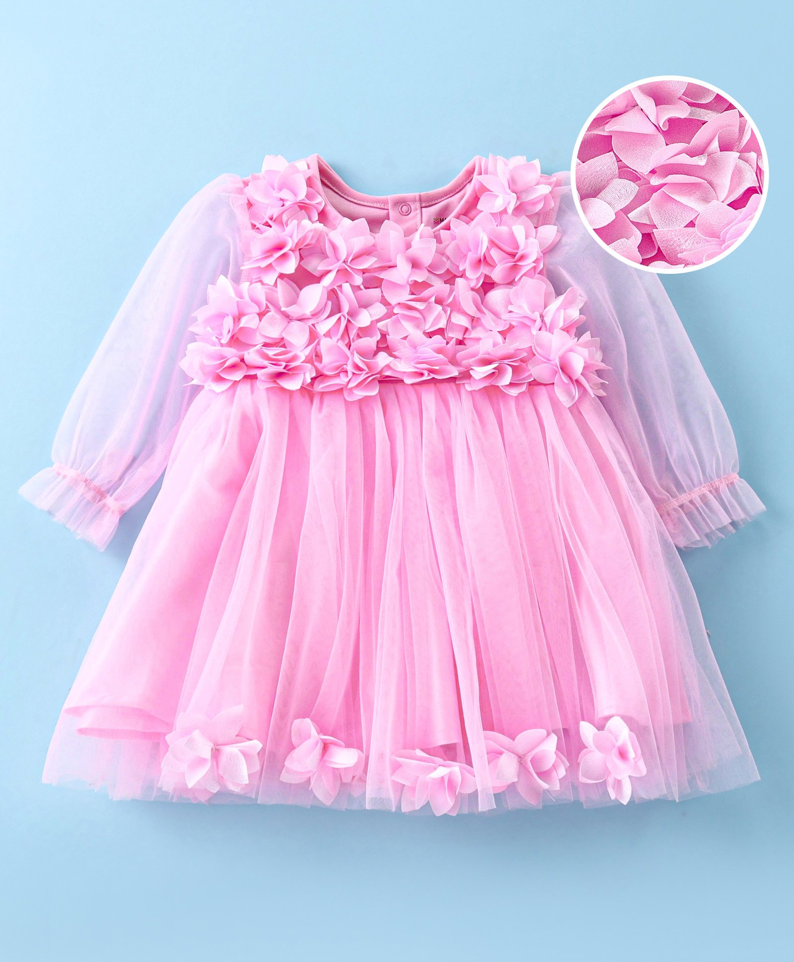 Mark & Mia Full Sleeves Solid Colour Frock Style Onesie with Floral Applique - Pink-picture-32