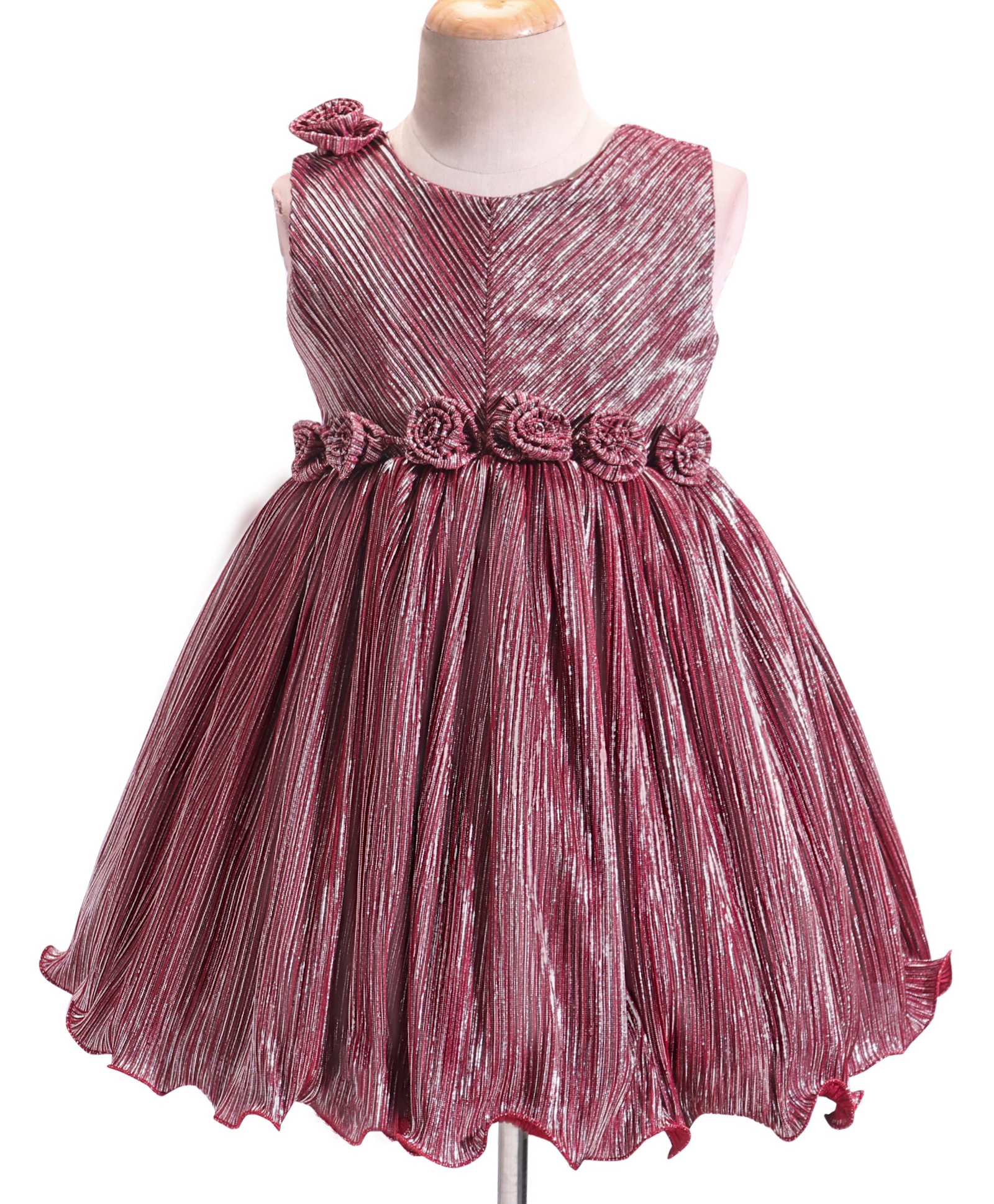 Babyhug Woven Sleeveless Fit & Flared  Textured Party Frock with Floral Applique - Maroon-image-23