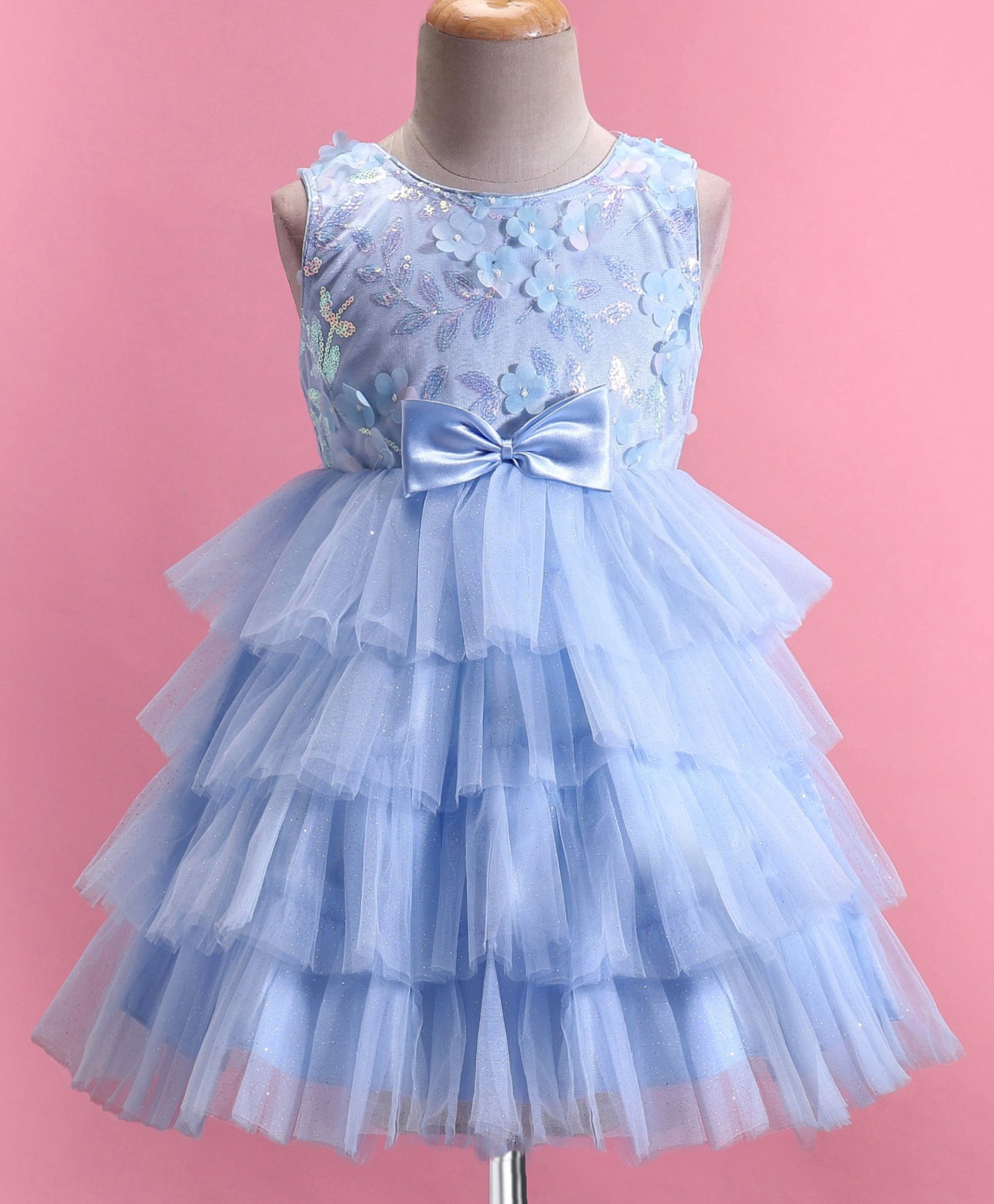 Babyhug Woven Sleeveless Layered  Party Frock with Sequin & Floral Detailing Bow Applique - Blue-image-3